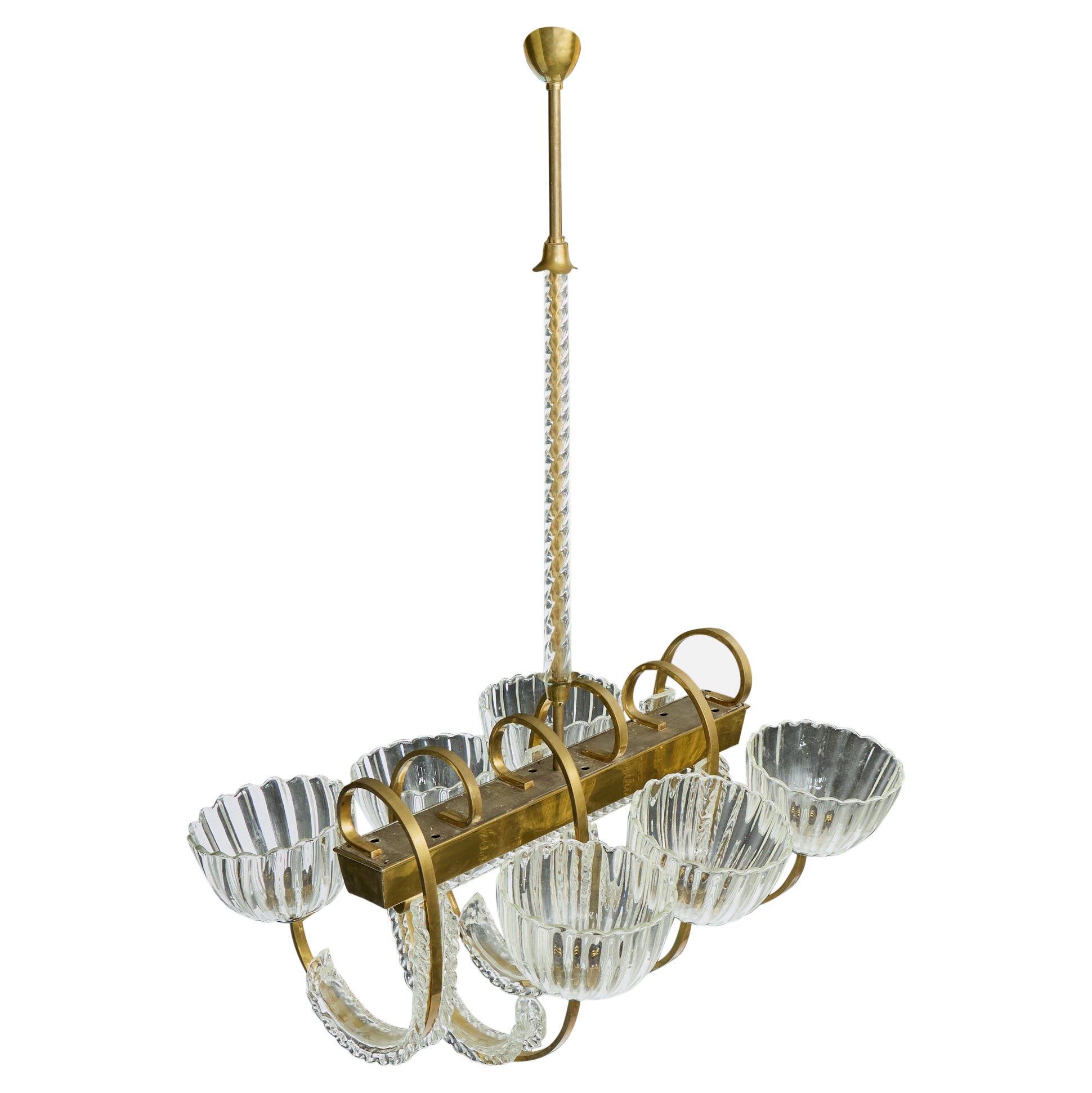 Seguso Attribution, Chandelier, Brass, Glass, Italy, 1940s For Sale