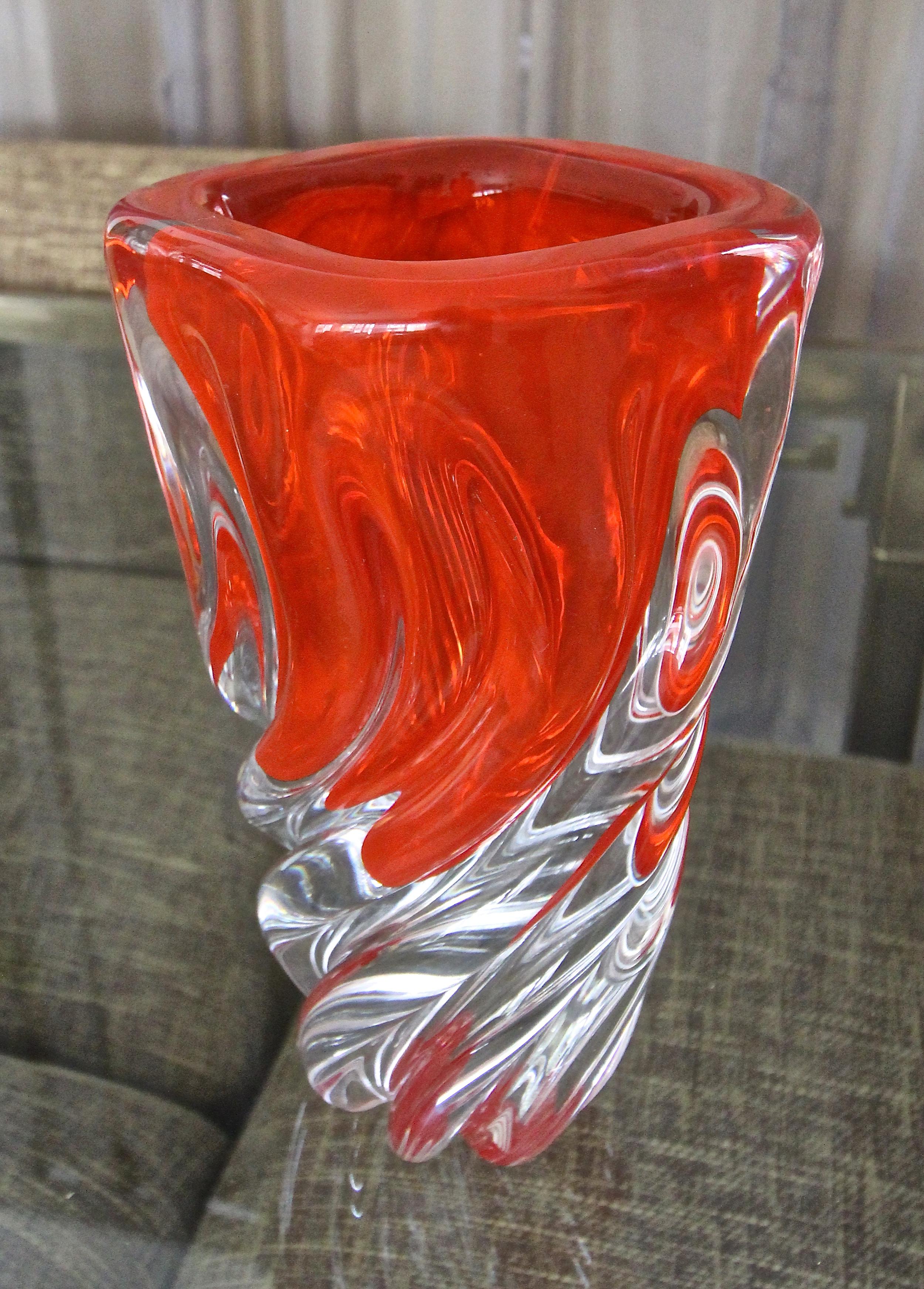 Blown Glass Seguso Blood Orange Twisted Glass Murano Vase For Sale