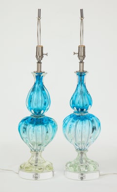 Seguso Blue, Clear Murano Glass Lamps