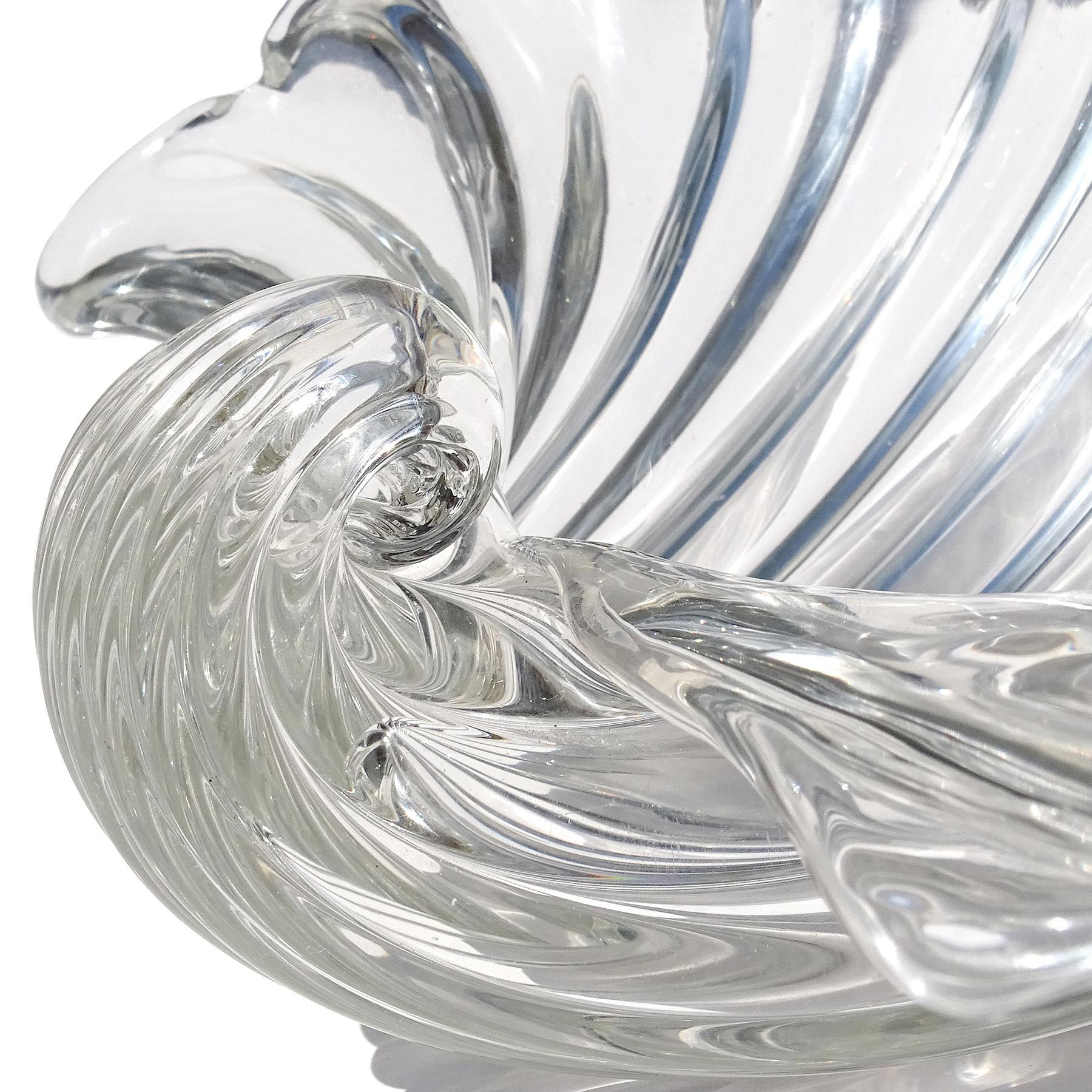 Seguso Cartier Signed Murano Clear Ribbed Surface Italian Art Glass Shell Bowl For Sale 4