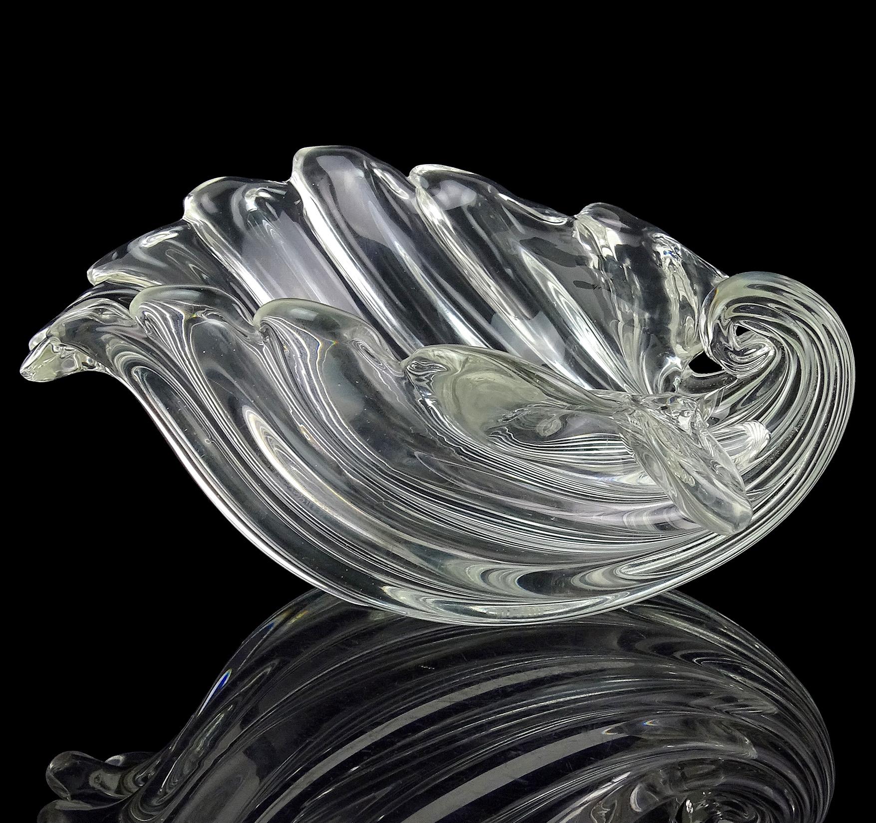 Mid-Century Modern Seguso Cartier Signed Murano Clear Ribbed Surface Italian Art Glass Shell Bowl For Sale