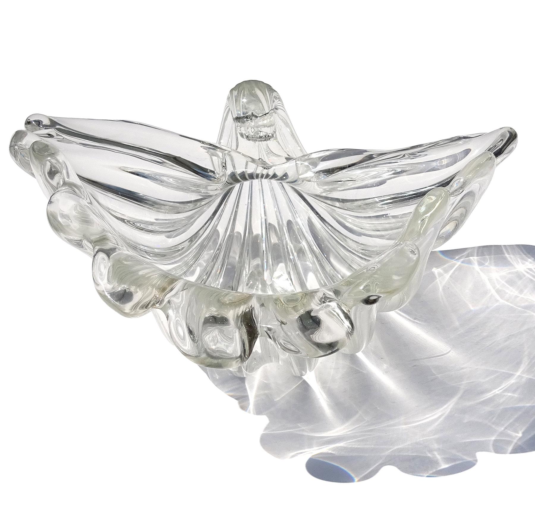 Crystal Seguso Cartier Signed Murano Clear Ribbed Surface Italian Art Glass Shell Bowl For Sale