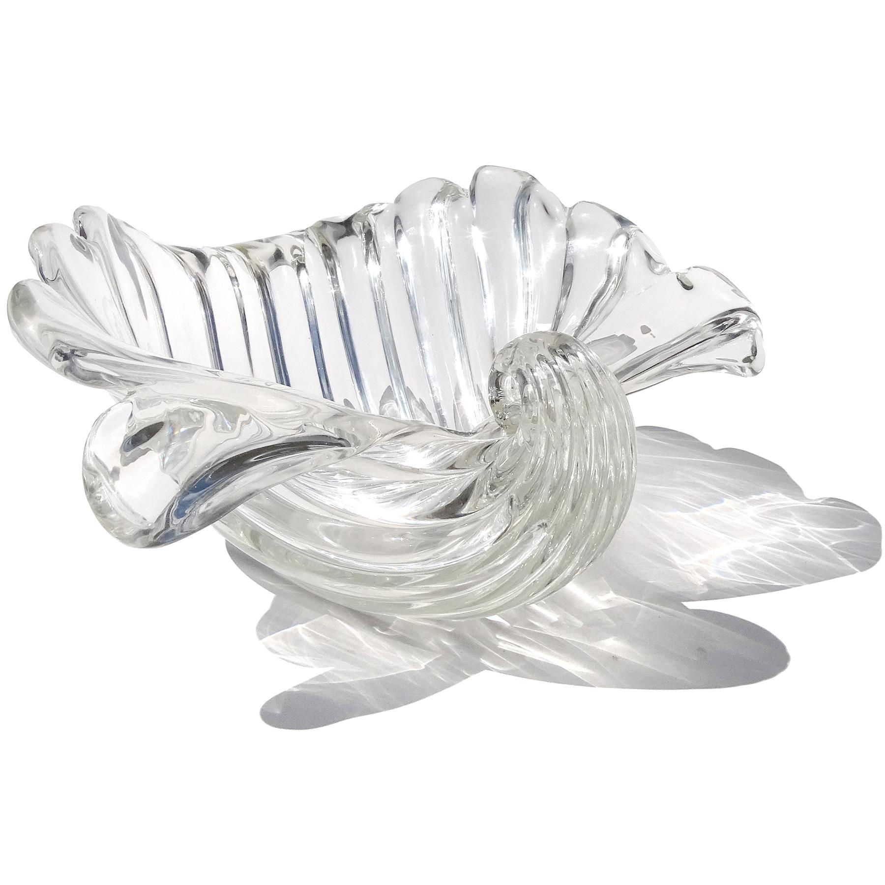 Seguso Cartier Signed Murano Clear Ribbed Surface Italian Art Glass Shell Bowl For Sale 2