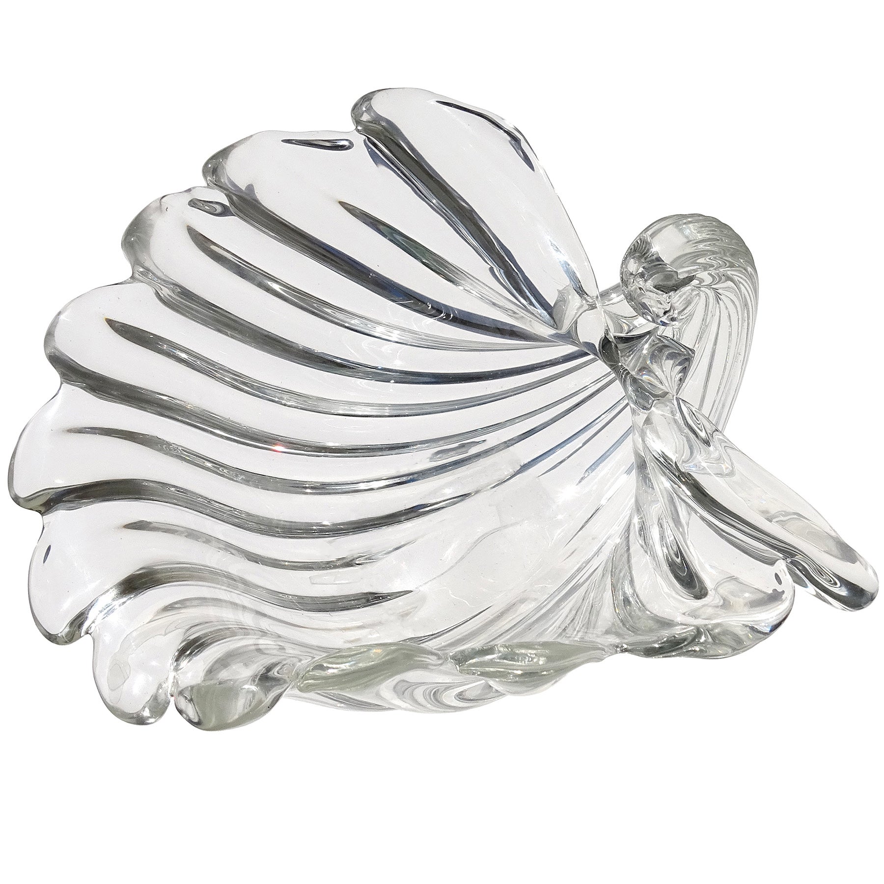 Seguso Cartier Signed Murano Clear Ribbed Surface Italian Art Glass Shell Bowl For Sale