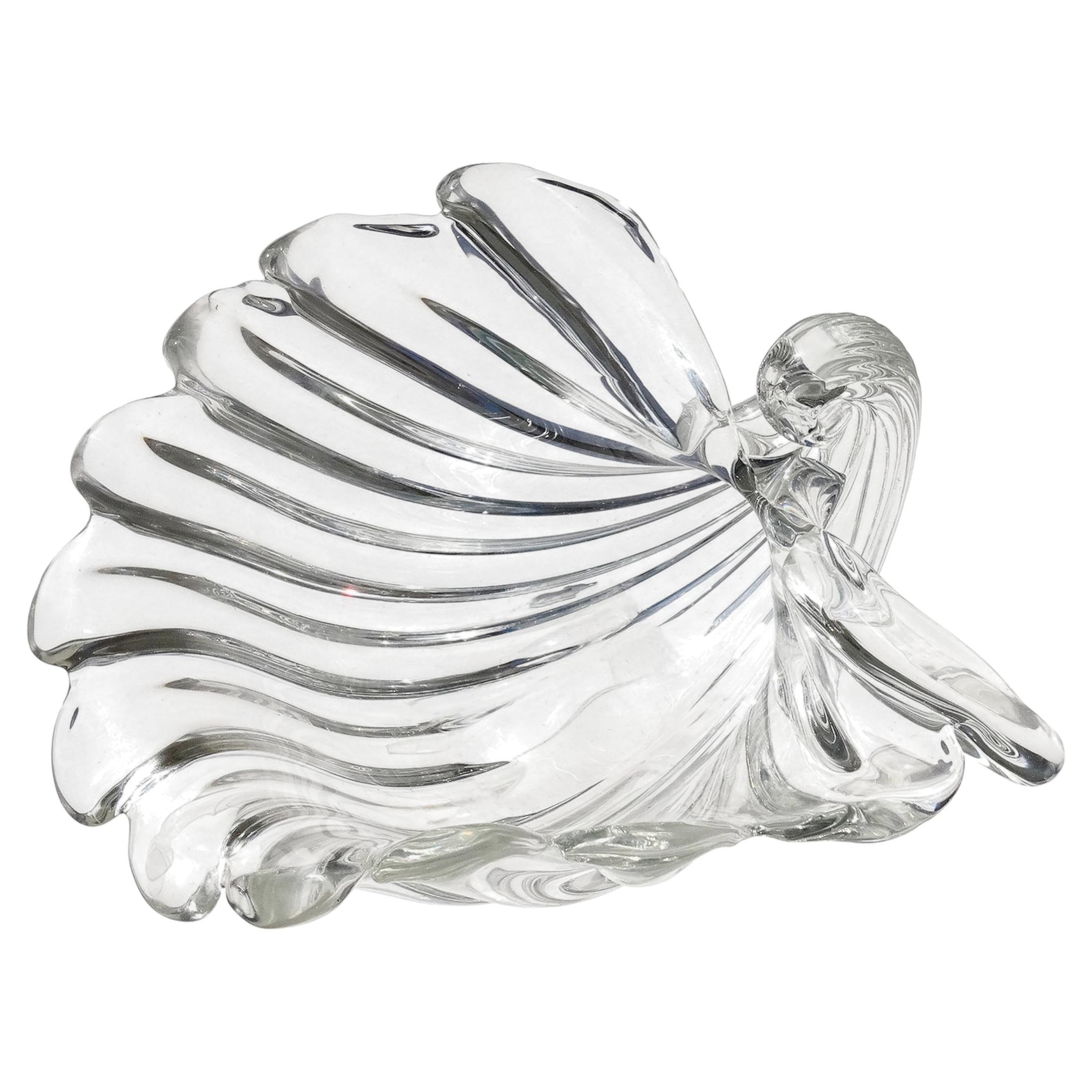 Seguso Cartier Signed Murano Clear Ribbed Surface Italian Art Glass Shell Bowl For Sale