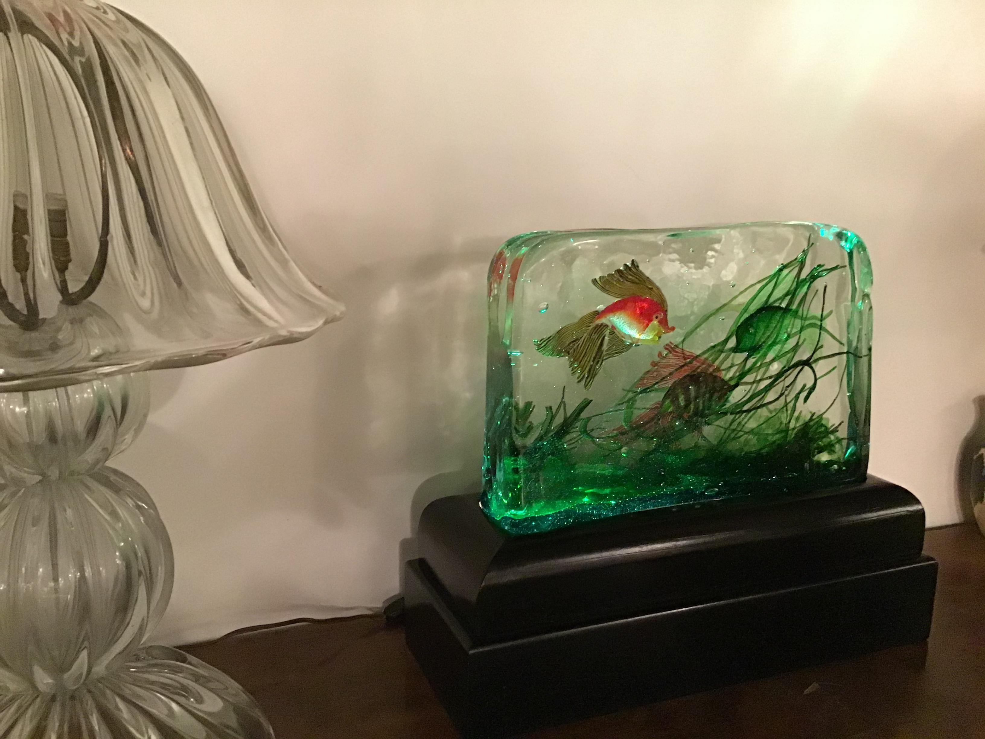 Other Seguso “Cenedese” Table Lamp Murano Glass Wood Aquarium, 1955, Italy For Sale