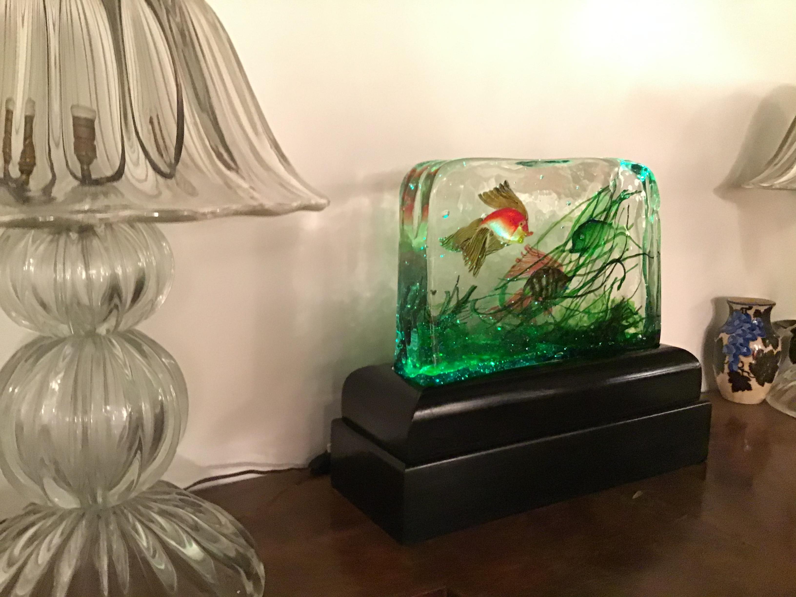 Italian Seguso “Cenedese” Table Lamp Murano Glass Wood Aquarium, 1955, Italy For Sale