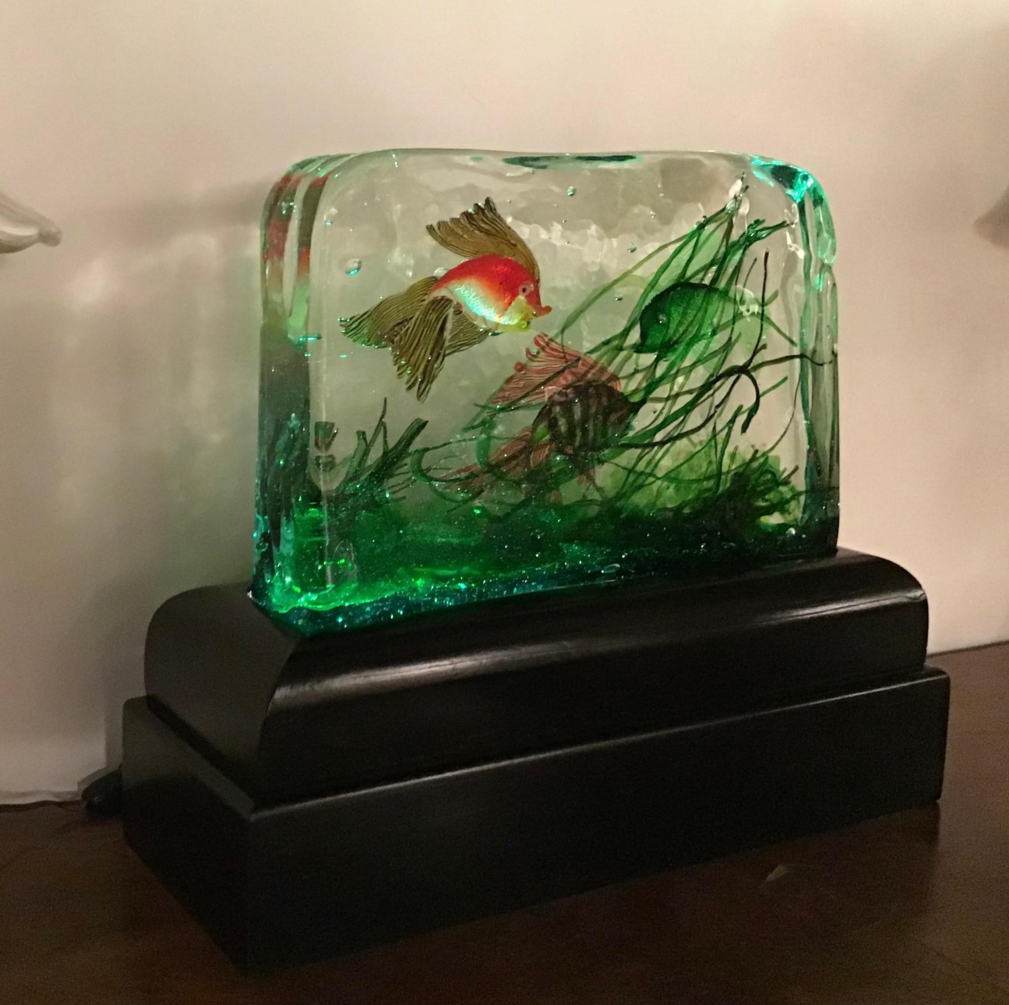 Seguso “Cenedese” Table Lamp Murano Glass Wood Aquarium, 1955, Italy In Excellent Condition For Sale In Milano, IT