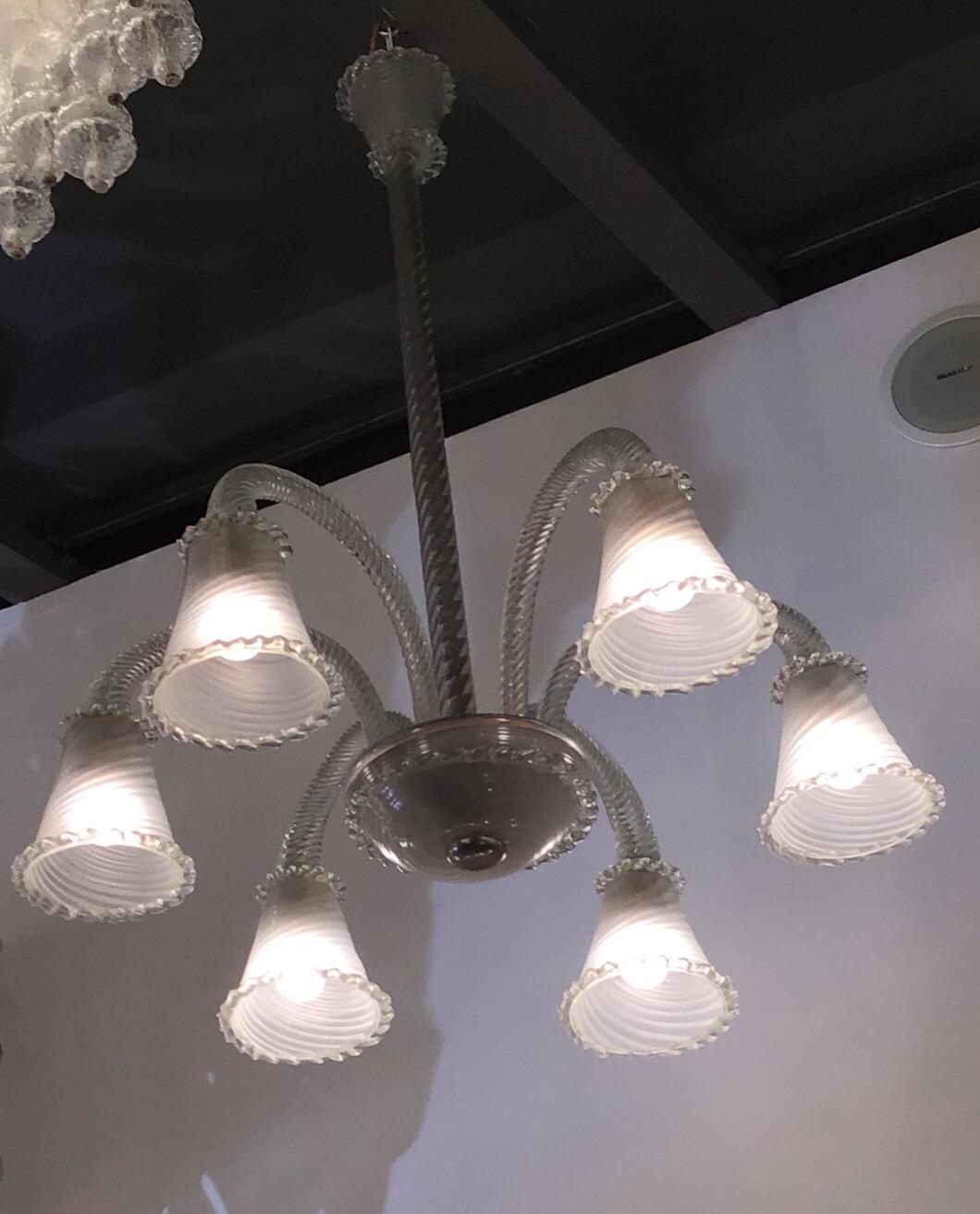 Seguso chandelier Murano glass 6 lights, 1940.