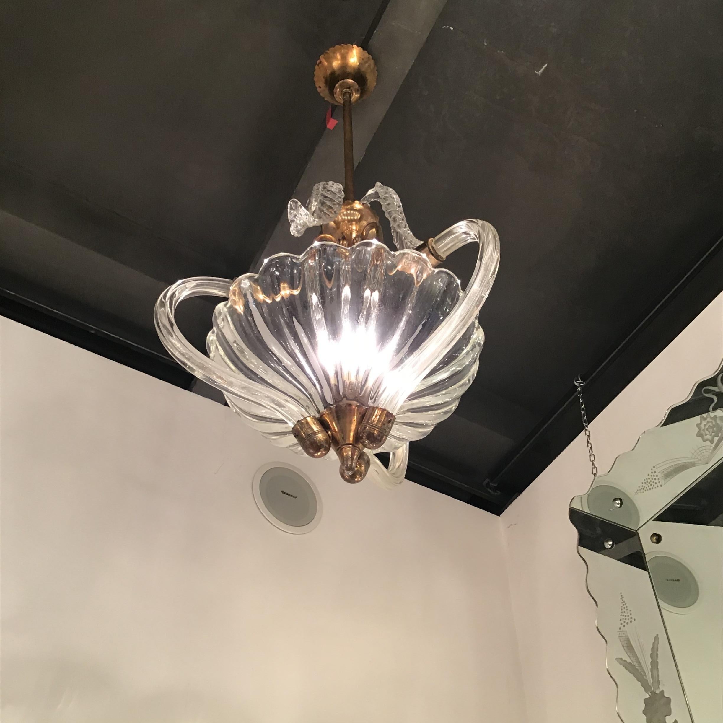 Seguso Chandelier Brass Murano Glass 1940 Italy  For Sale 8