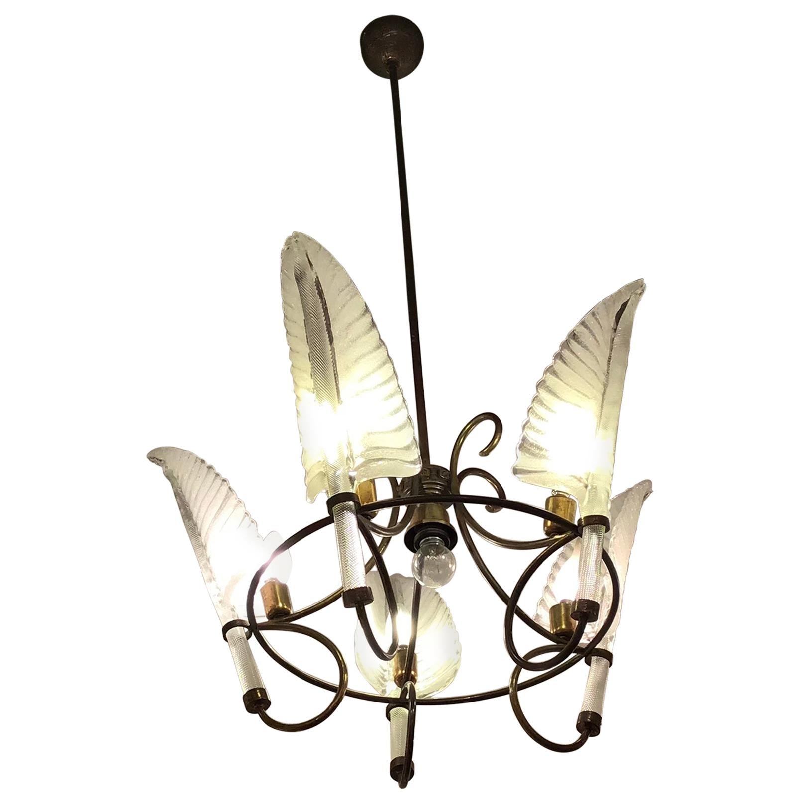 Seguso Chandelier Murano Glass Brass, 1930, Italy For Sale