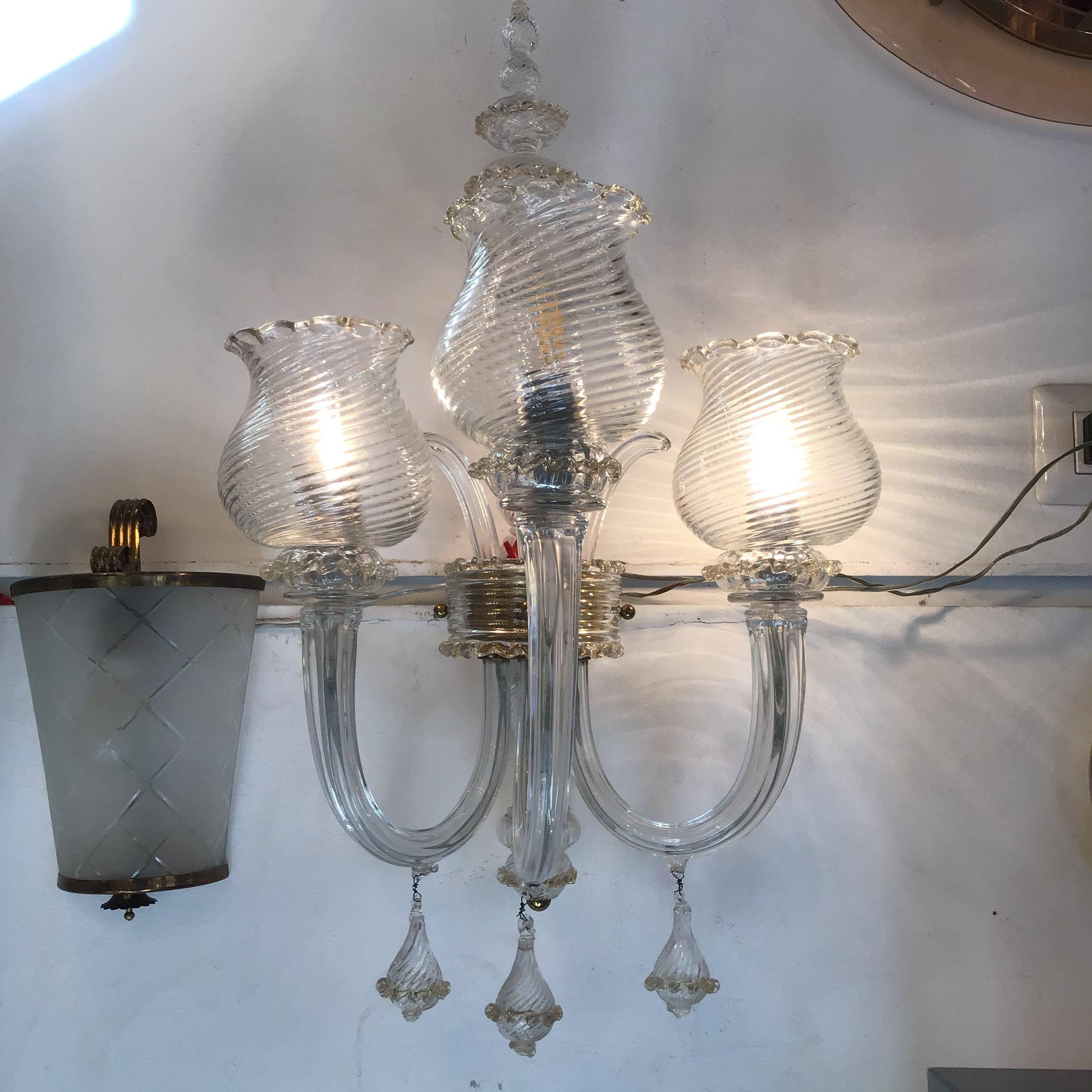 Mid-20th Century Seguso Coppia Appliques Murano Glass Gold Brass 1945 Italy in vendita