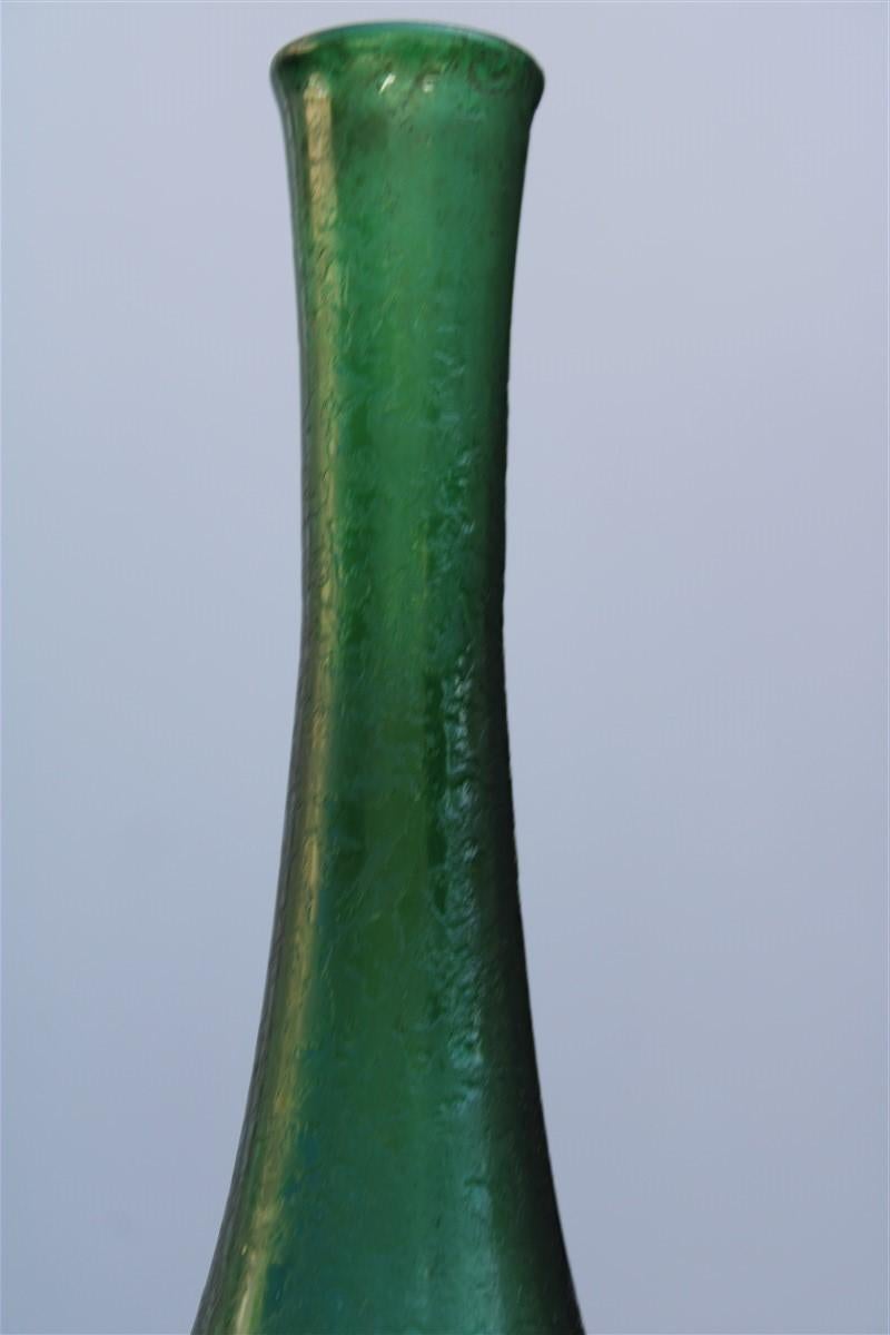 Seguso Corroded cobalt green vase in the shape of a bottle, 1960s.