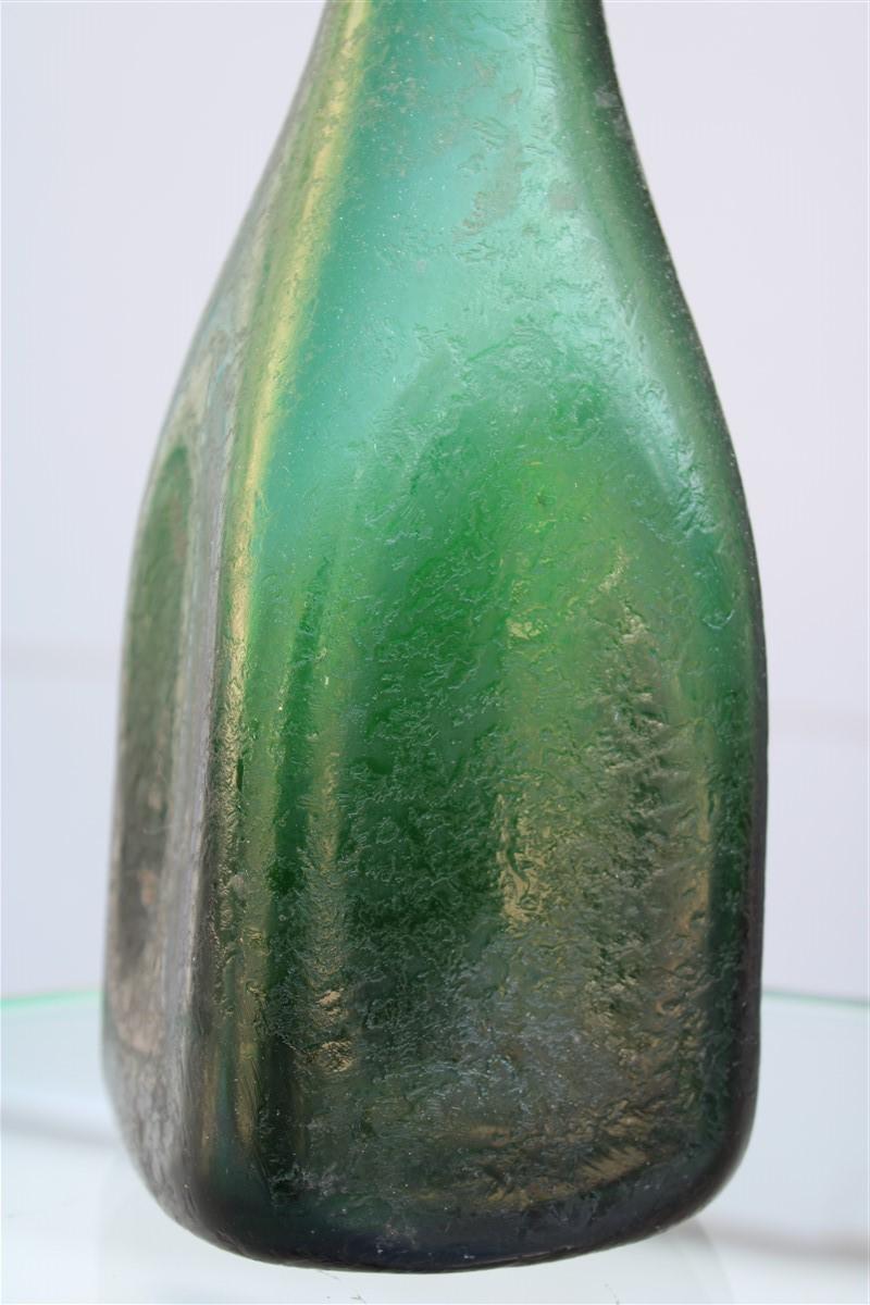 Mid-Century Modern Seguso Corroded Cobalt Green Vase in the Shape of a Bottle, 1960s For Sale
