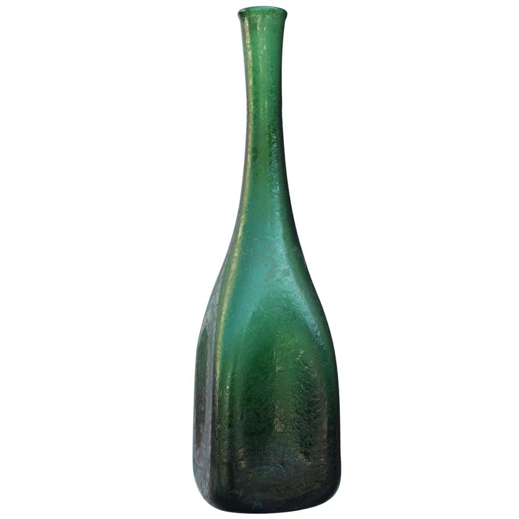 Seguso Corroded Cobalt Green Vase in the Shape of a Bottle, 1960s For Sale