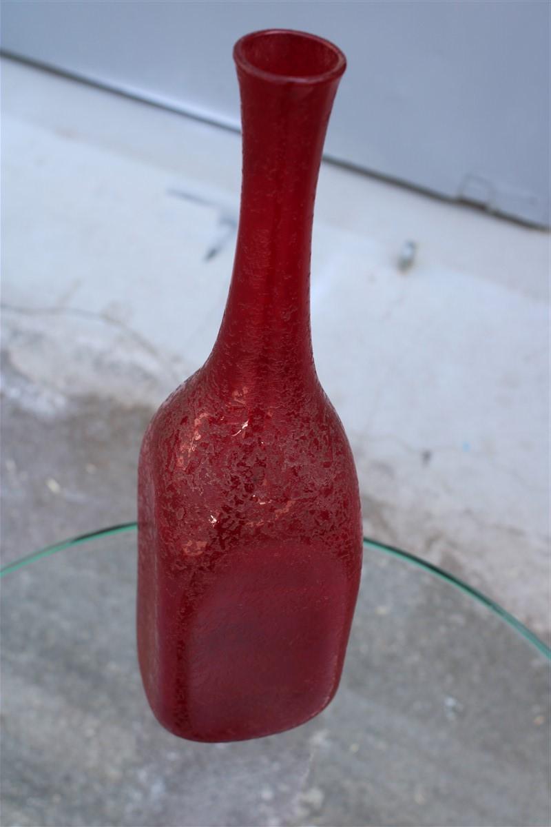 Italian Seguso Corroded Cobalt Red Vase in the Shape of a Bottle, 1960s For Sale