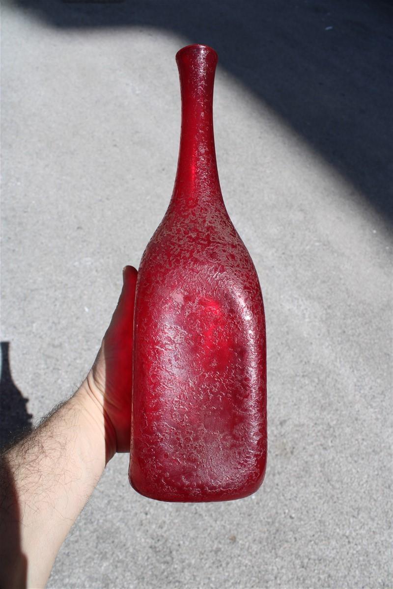 Murano Glass Seguso Corroded Cobalt Red Vase in the Shape of a Bottle, 1960s For Sale