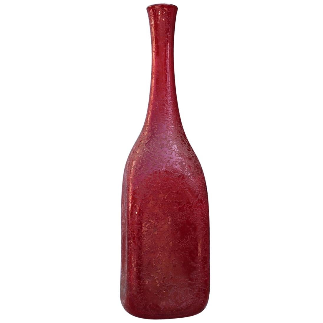 Seguso Corroded Cobalt Red Vase in the Shape of a Bottle, 1960s For Sale