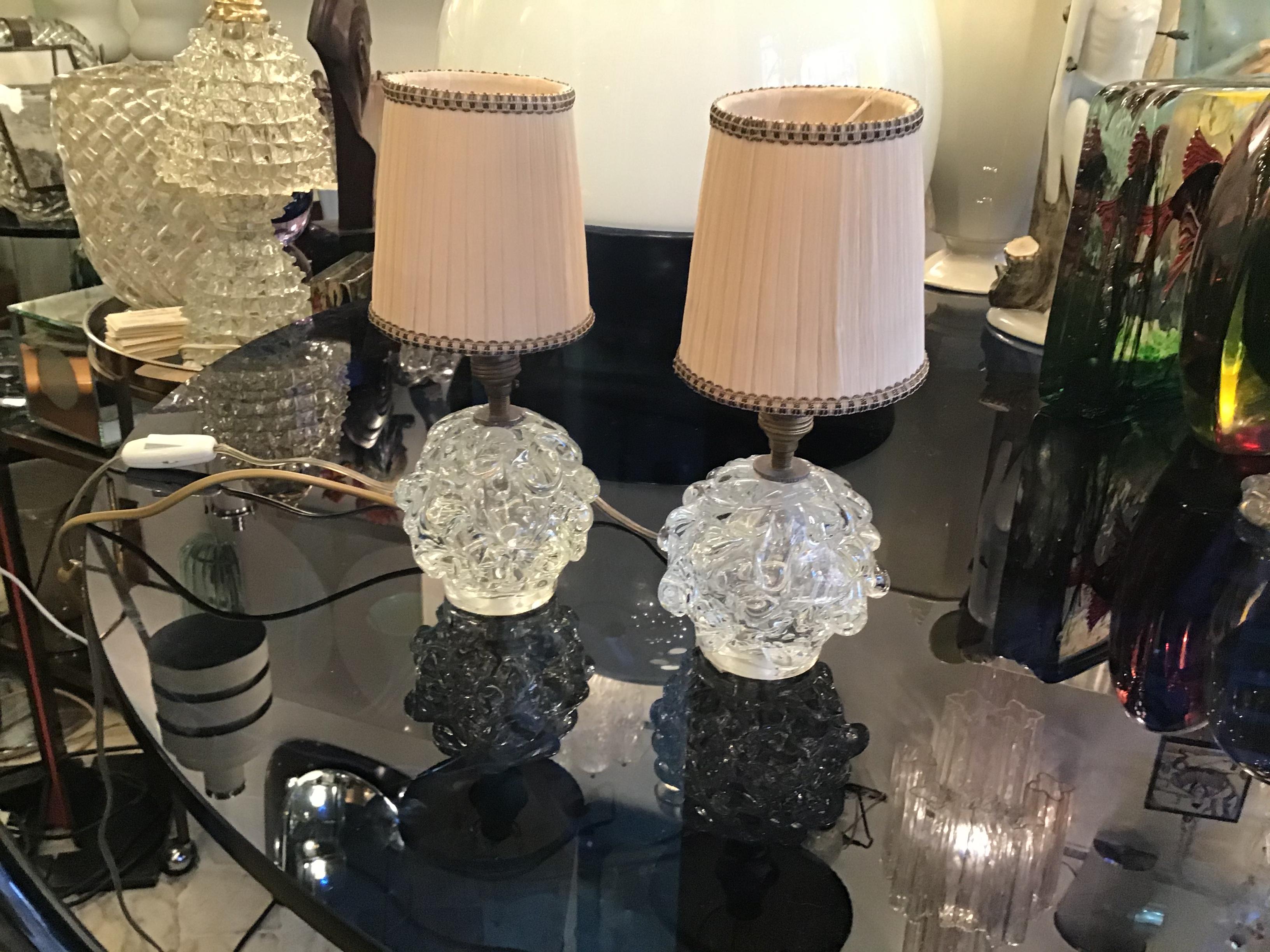 Mid-20th Century Seguso Couple Table Lamp 1940 Murano Glass Brass, Italy