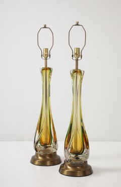 Seguso Emerald/Amber Murano Glass Lamps