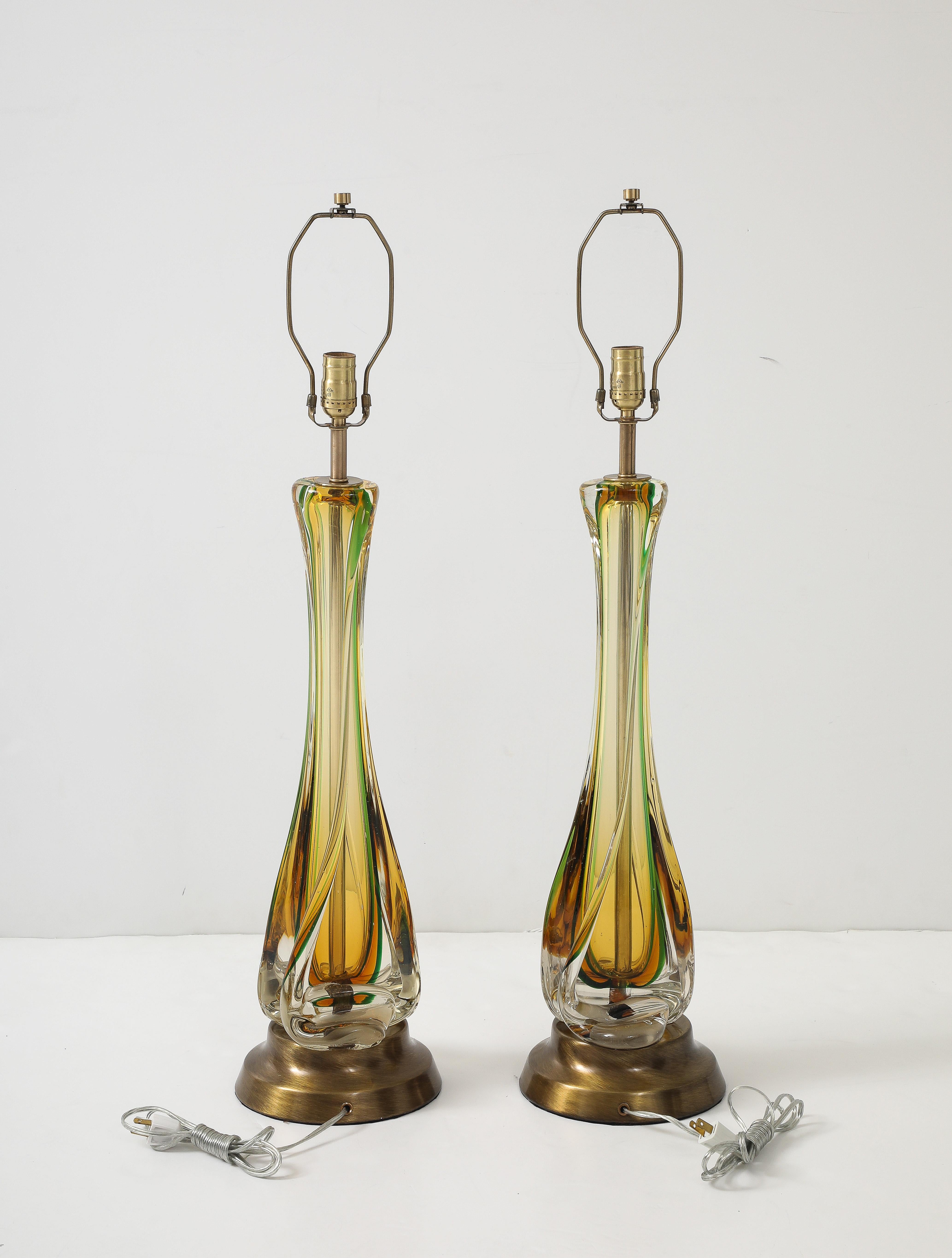 Seguso Smaragd/Bernstein Murano Glas Lampen (Moderne der Mitte des Jahrhunderts) im Angebot