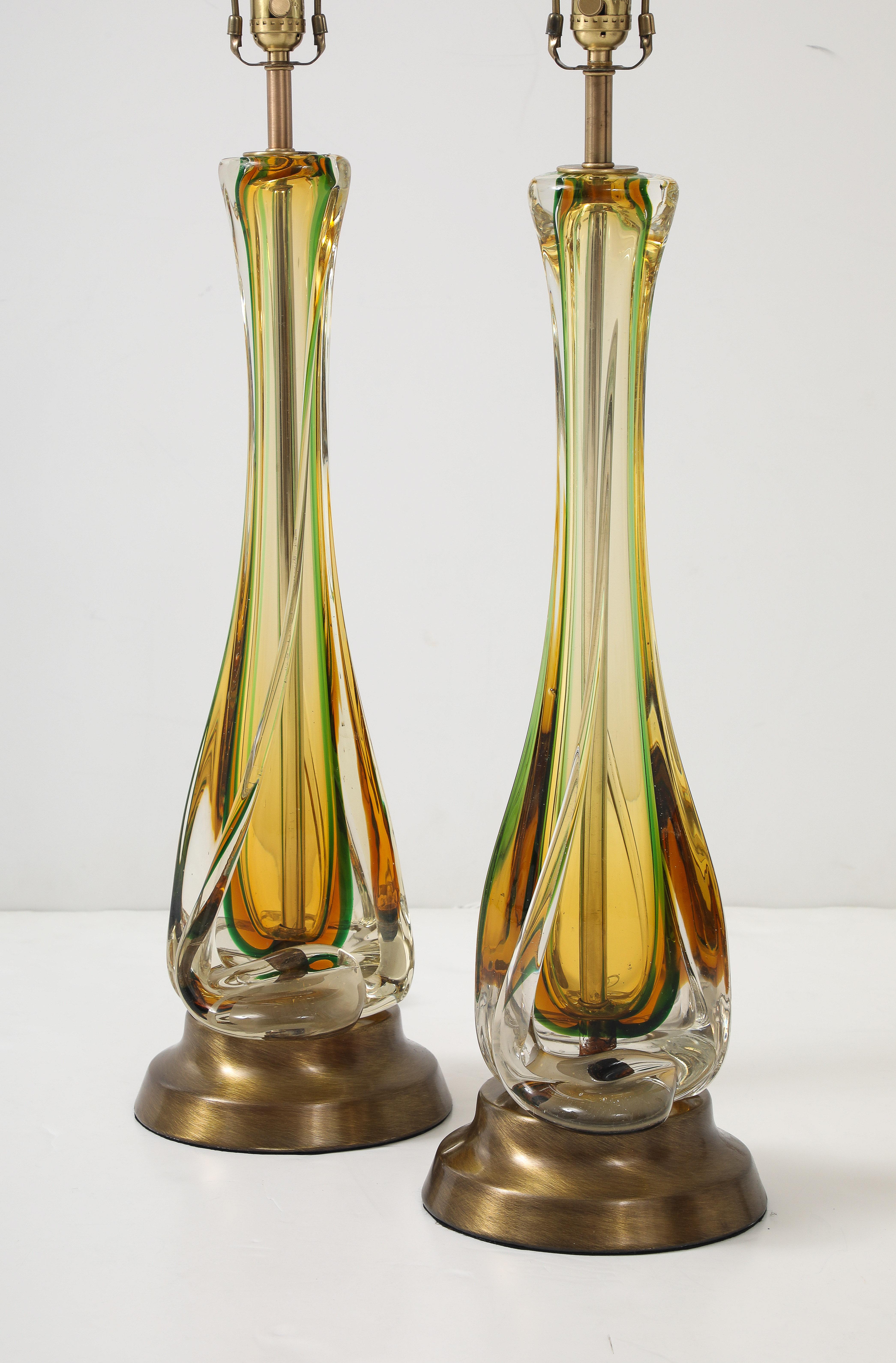 Seguso Smaragd/Bernstein Murano Glas Lampen (Bronze) im Angebot