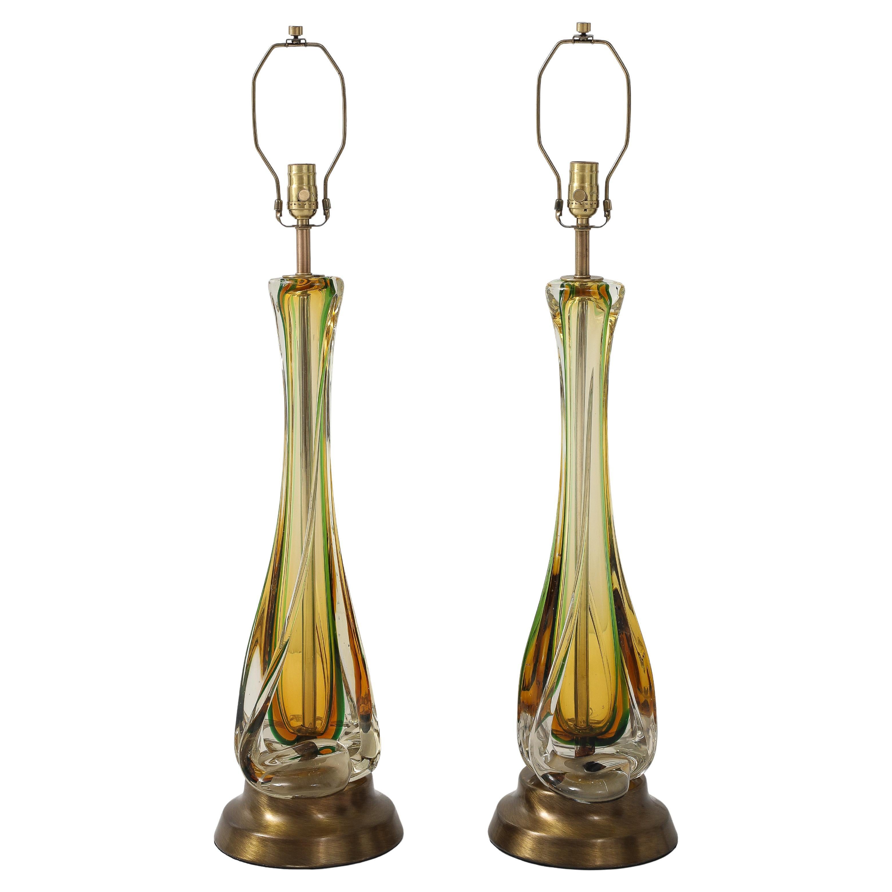 Seguso Smaragd/Bernstein Murano Glas Lampen im Angebot