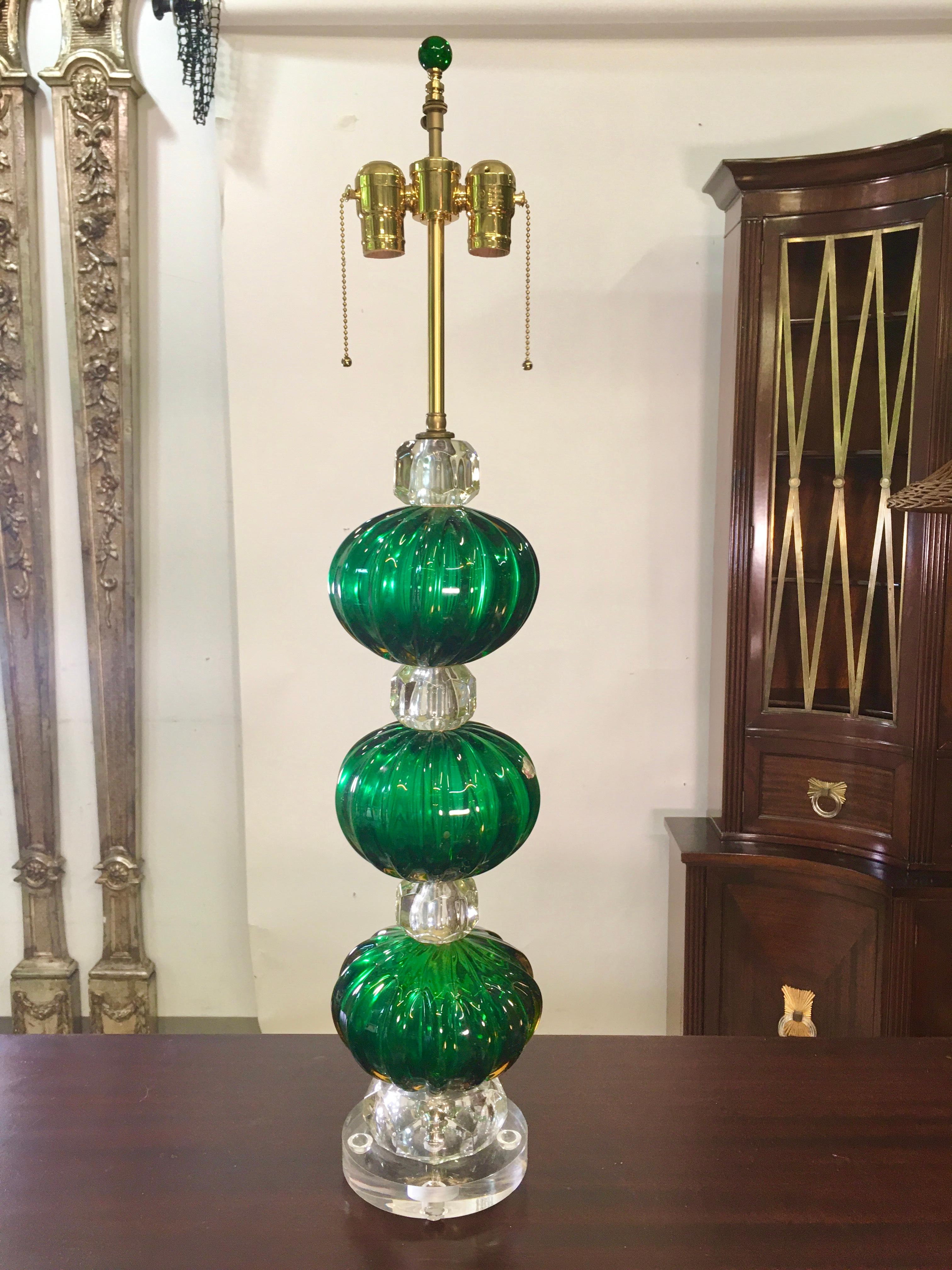 Italian Seguso Murano Emerald Green Glass Stacked Ball Lamp