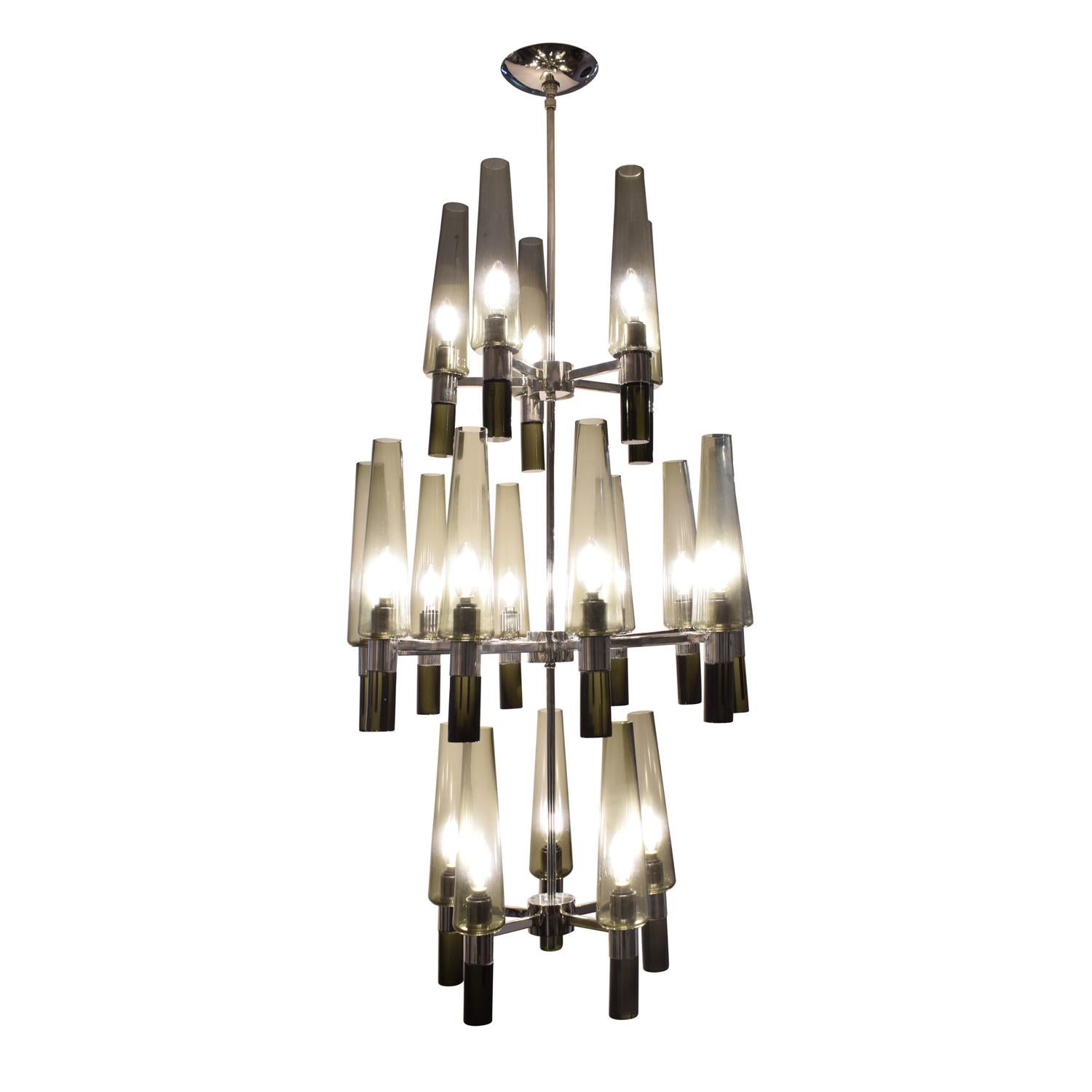 Large and exceptional chandelier in chrome with 3 tiers of smoked glass shades each one with a bulb inside by Seguso, Murano, Italy, 1990s. This chandelier is beautifully made.