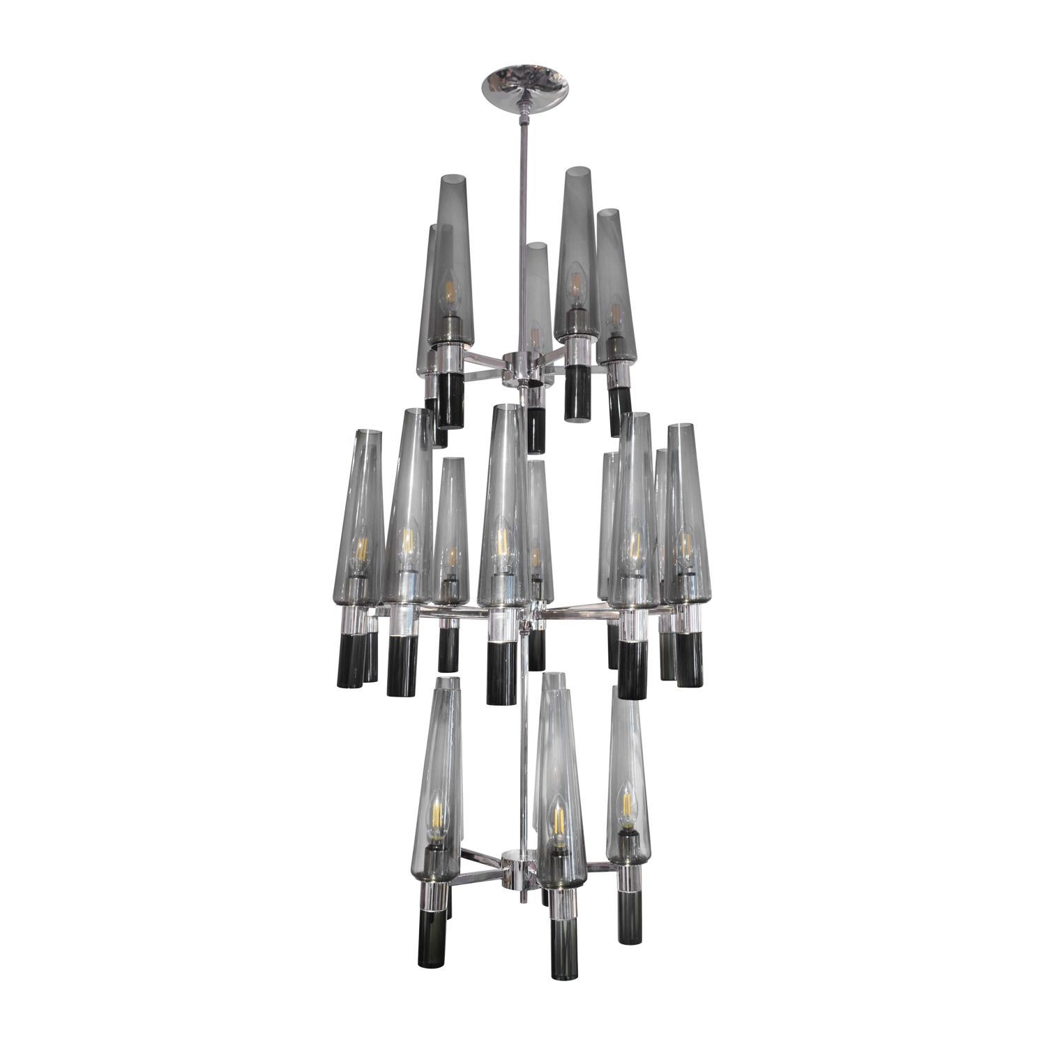 Modern Seguso Exceptional Large Chandelier in Chrome and Smoked Glass Shades, 1990s For Sale