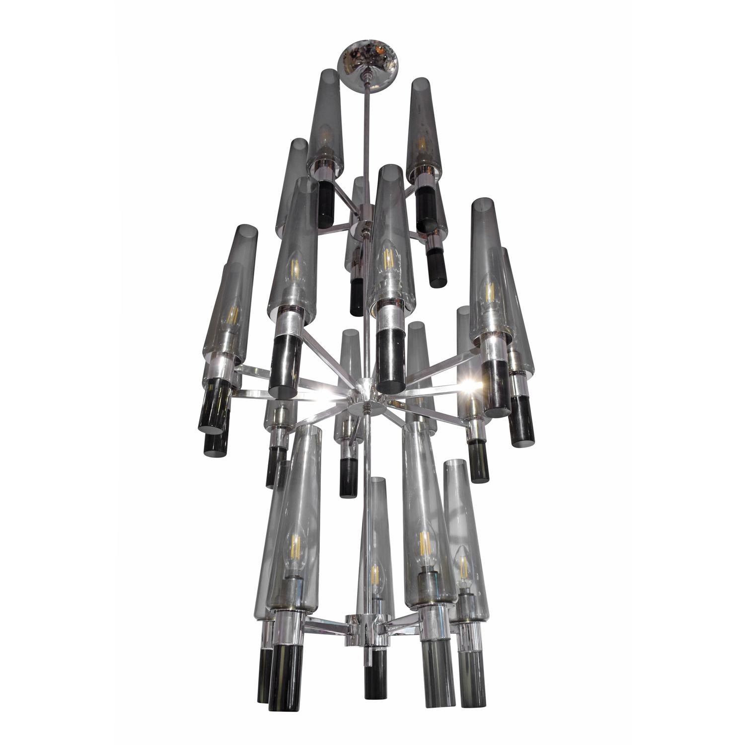 Italian Seguso Exceptional Large Chandelier in Chrome and Smoked Glass Shades, 1990s For Sale