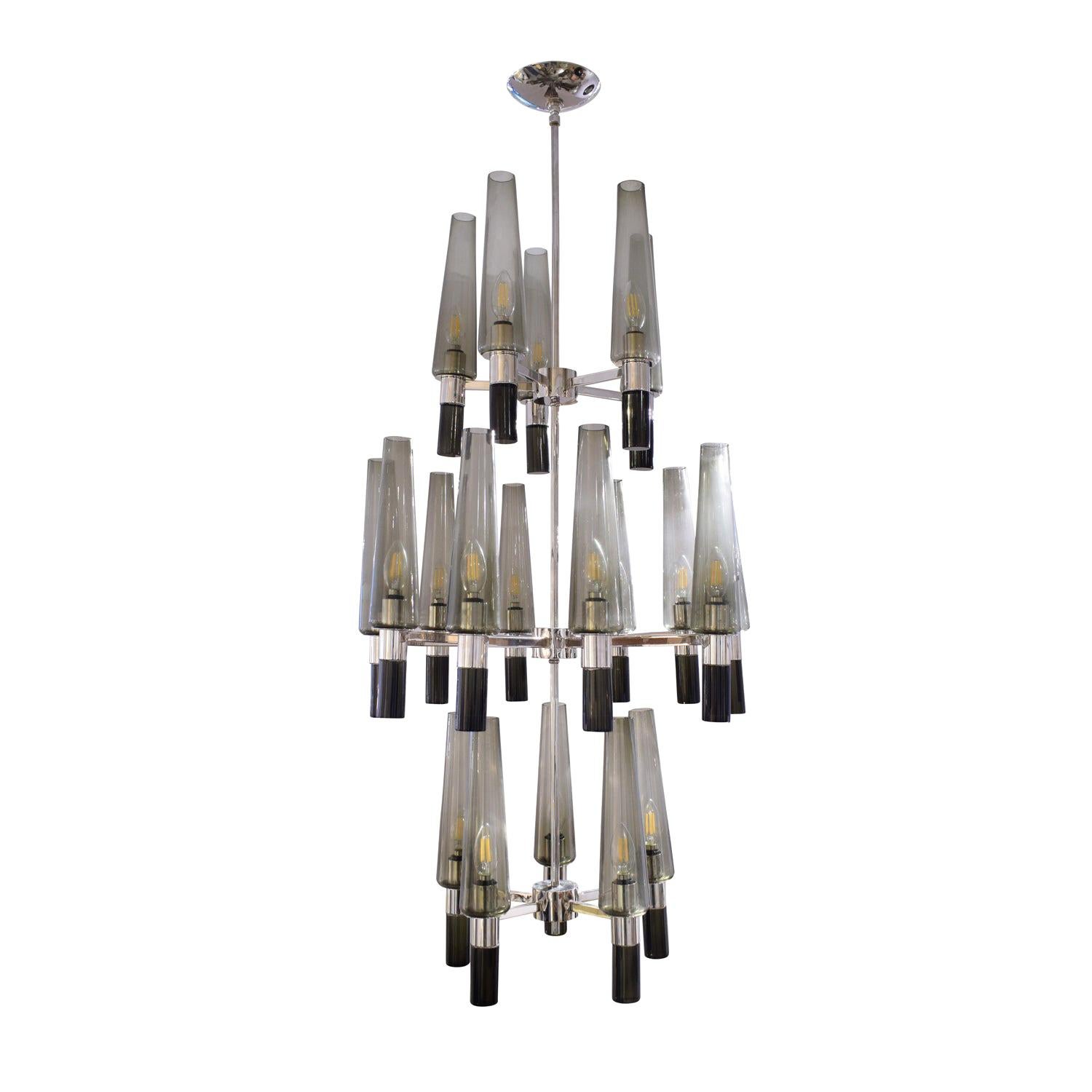 Seguso Exceptional Large Chandelier in Chrome and Smoked Glass Shades, 1990s For Sale