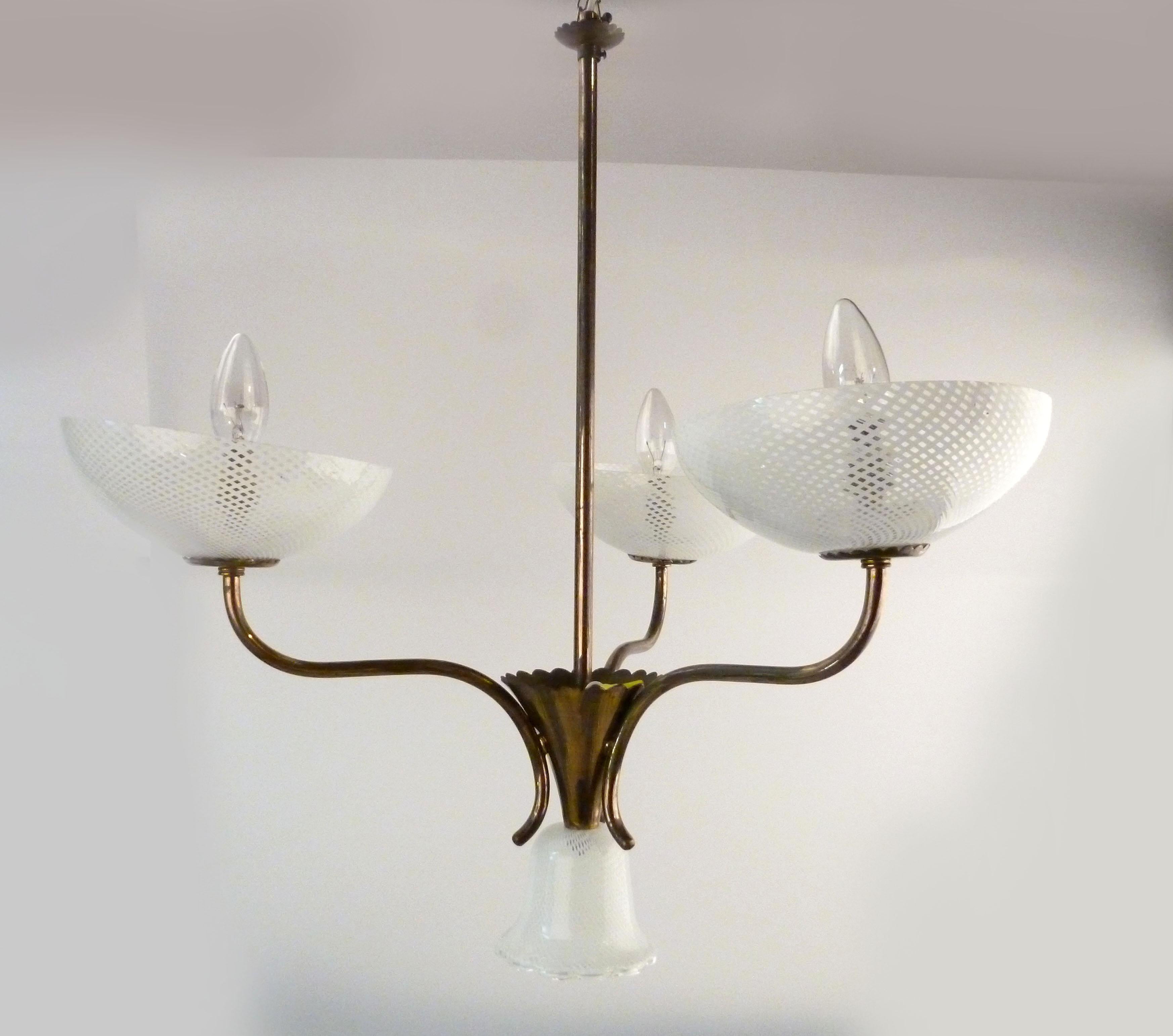 Seguso Filigreed Three-Arm Brass and Murano Glass Chandelier, Italy 1