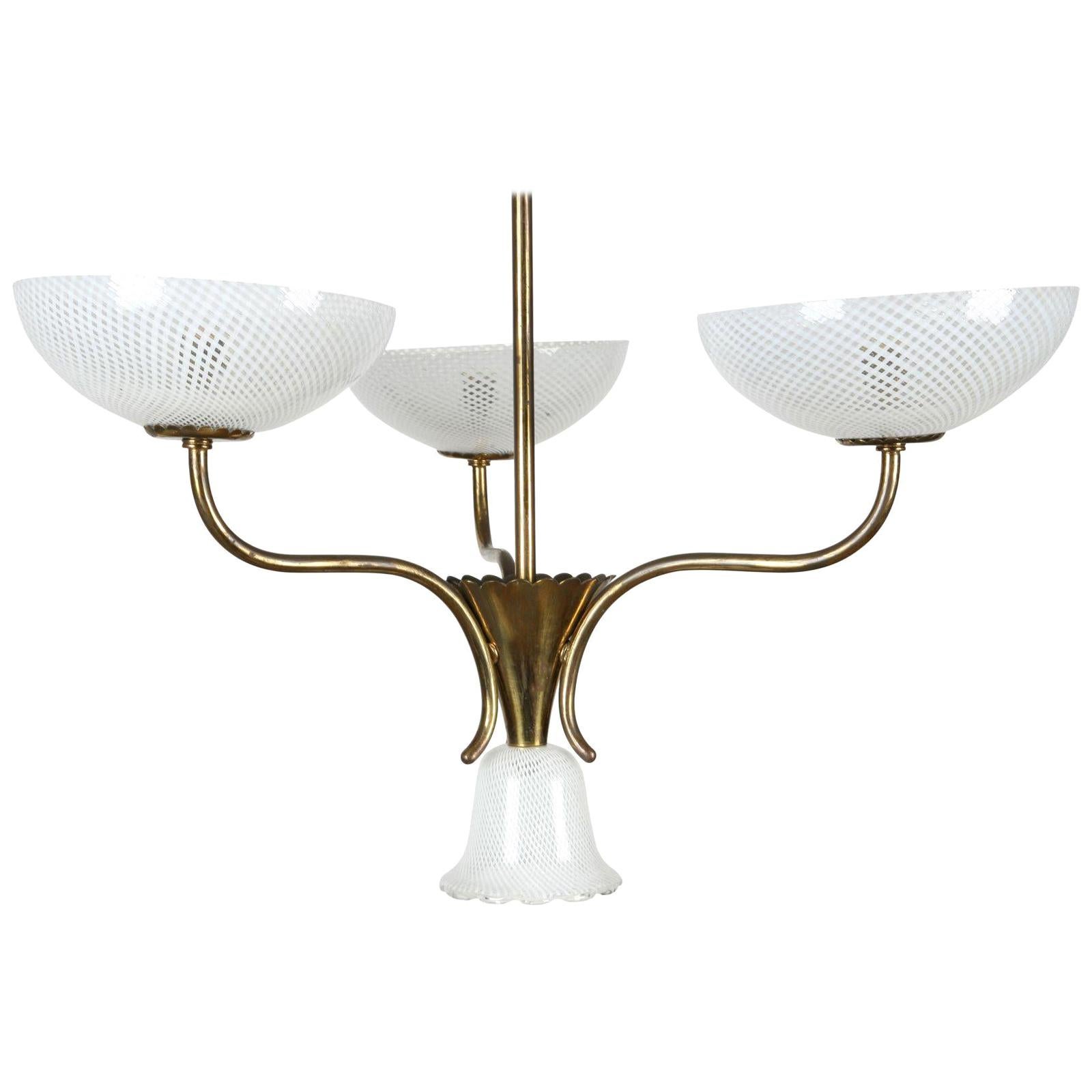 Seguso Filigreed Three-Arm Brass and Murano Glass Chandelier, Italy