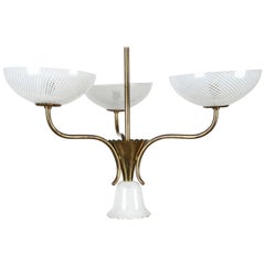 Seguso Filigreed Three-Arm Brass and Murano Glass Chandelier, Italy