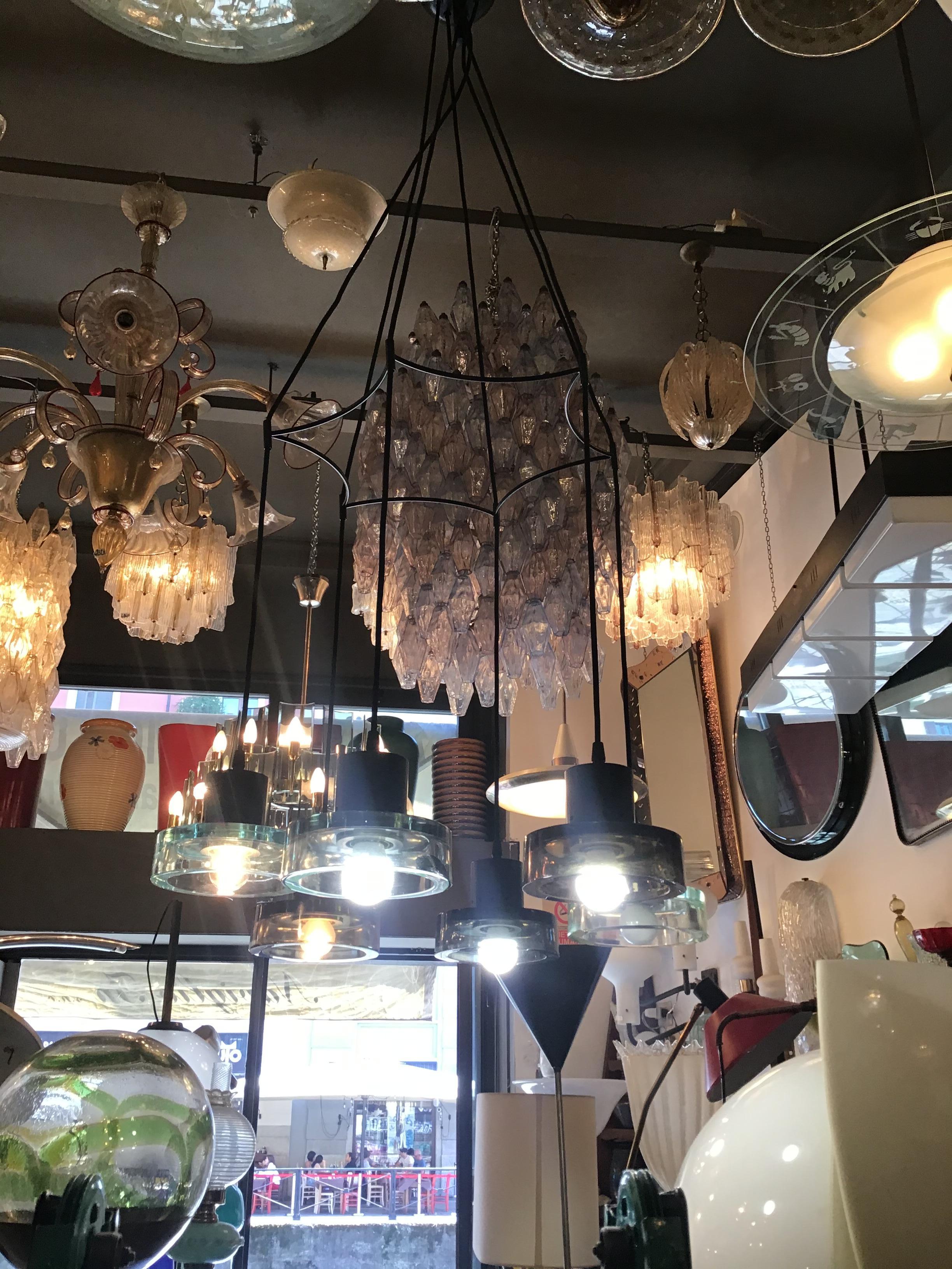 Italiano Seguso Flavio Poli Lampadario a 6 luci regolabile in vetro e metallo 1960 italy in vendita