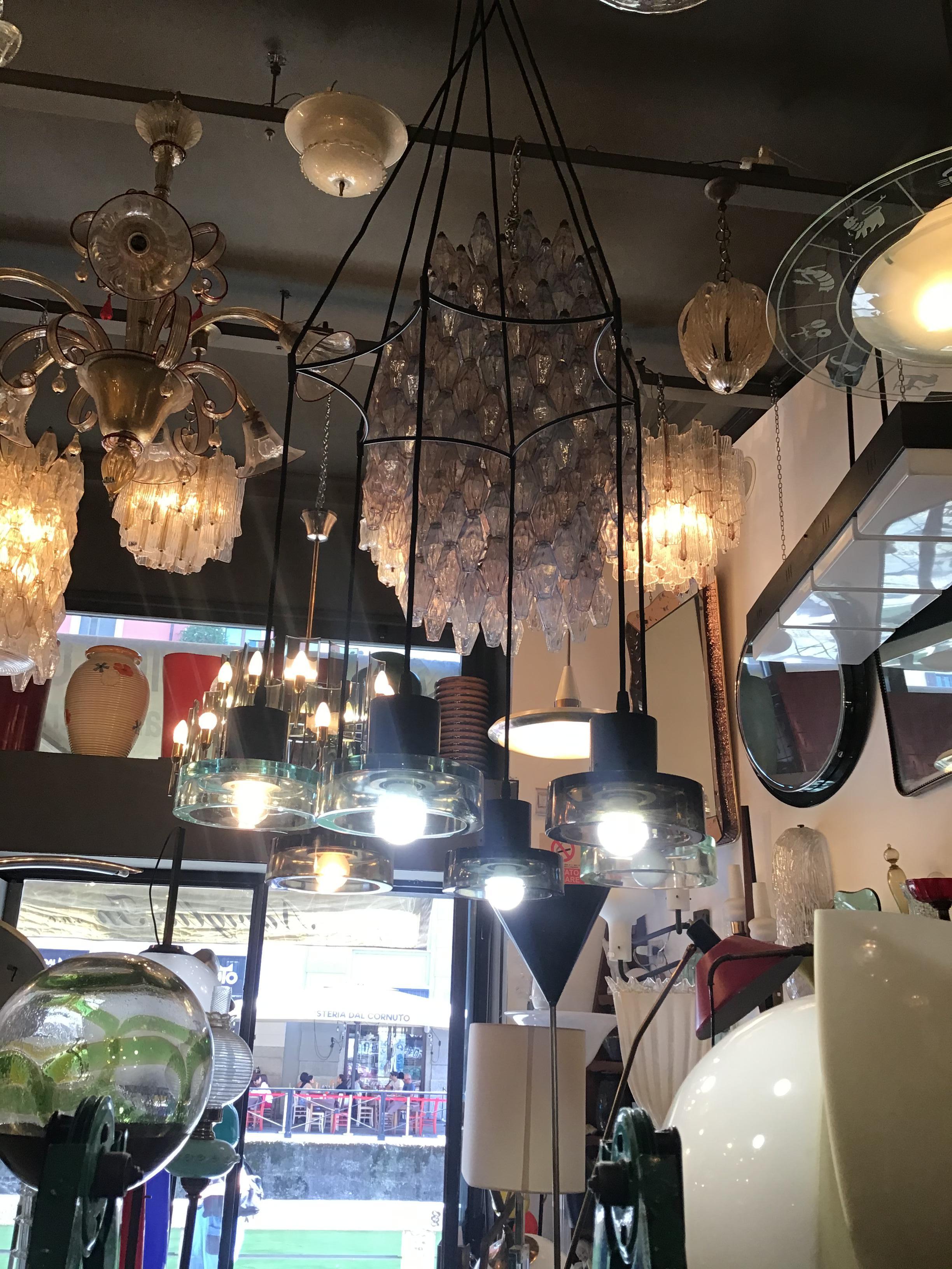 Seguso Flavio Poli Lampadario a 6 luci regolabile in vetro e metallo 1960 italy In condizioni buone in vendita a Milano, IT