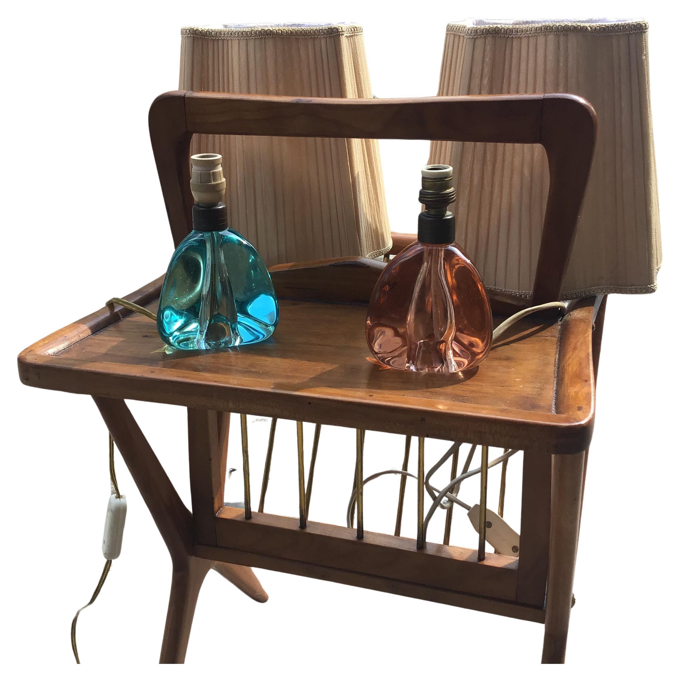 Seguso "Flavio Poli" Couple Table Lamps Murano Glass Brass Lampshade 1950s Italy
