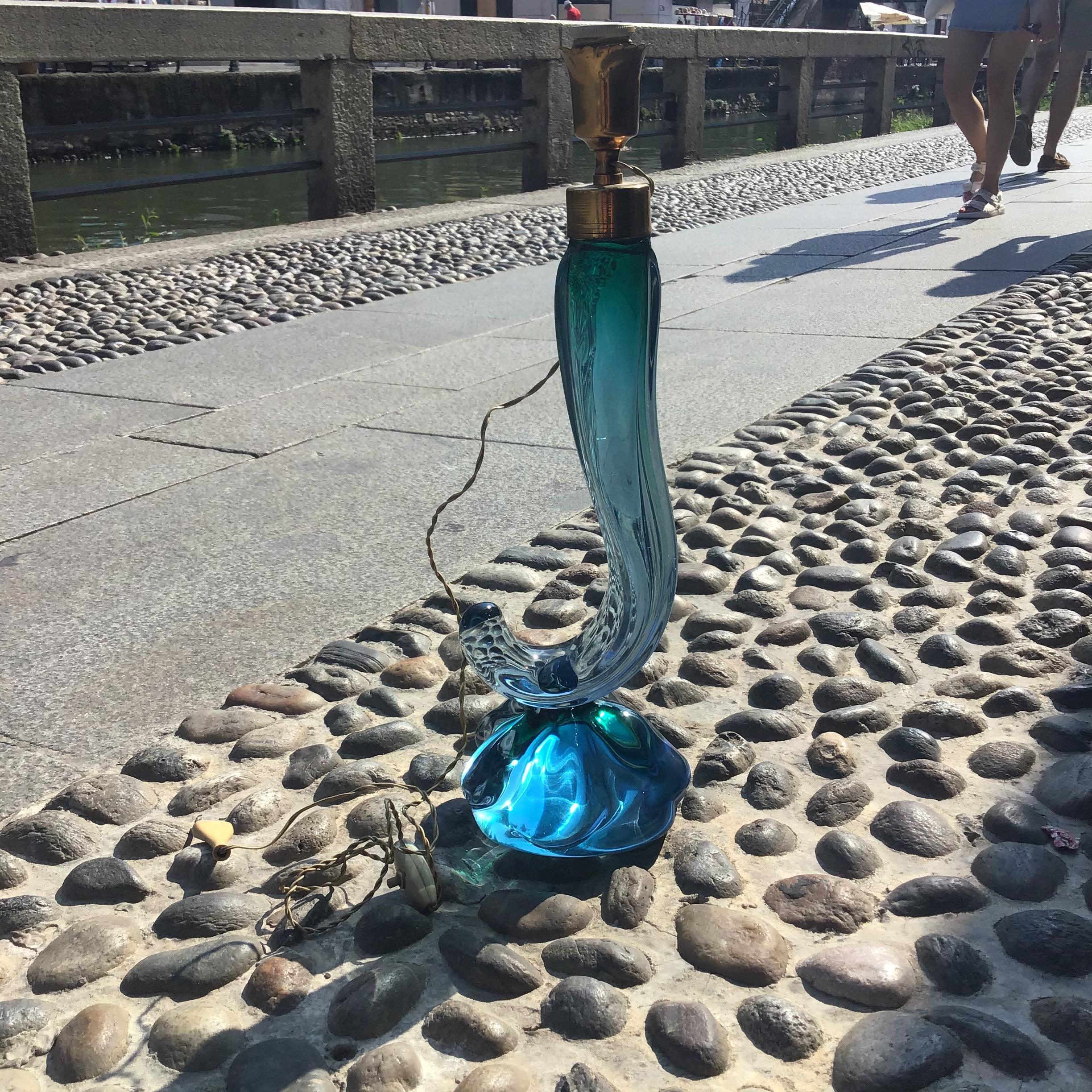 Italian Seguso Flavio Poli Table Lamp Murano Glass Brass Lampshade 1950s italy For Sale