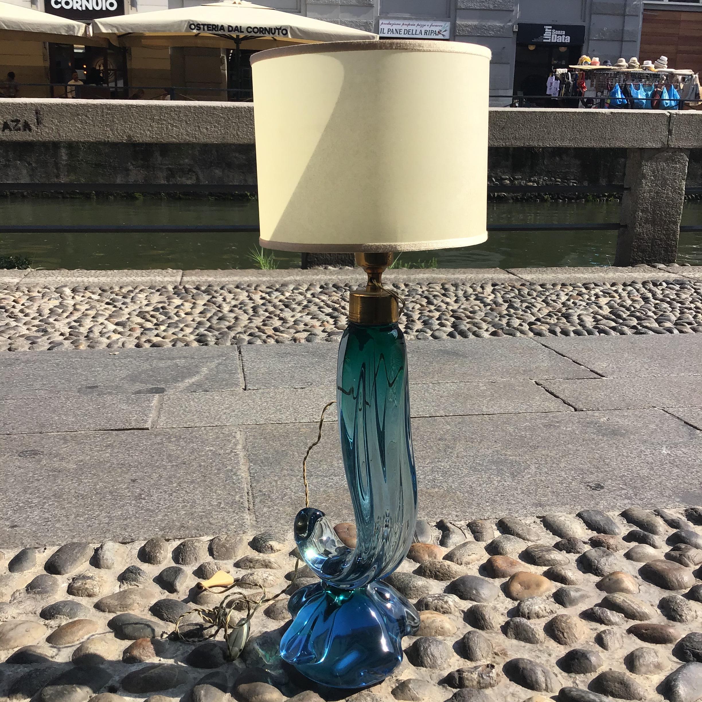 Seguso Flavio Poli Table Lamp Murano Glass Brass Lampshade 1950s italy For Sale 2