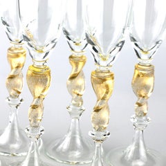 Set of six Seguso Murano Glass flute with gold leaf twisted steam detail