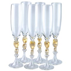 Set of six Seguso Murano Glass flute with gold leaf twisted steam detail