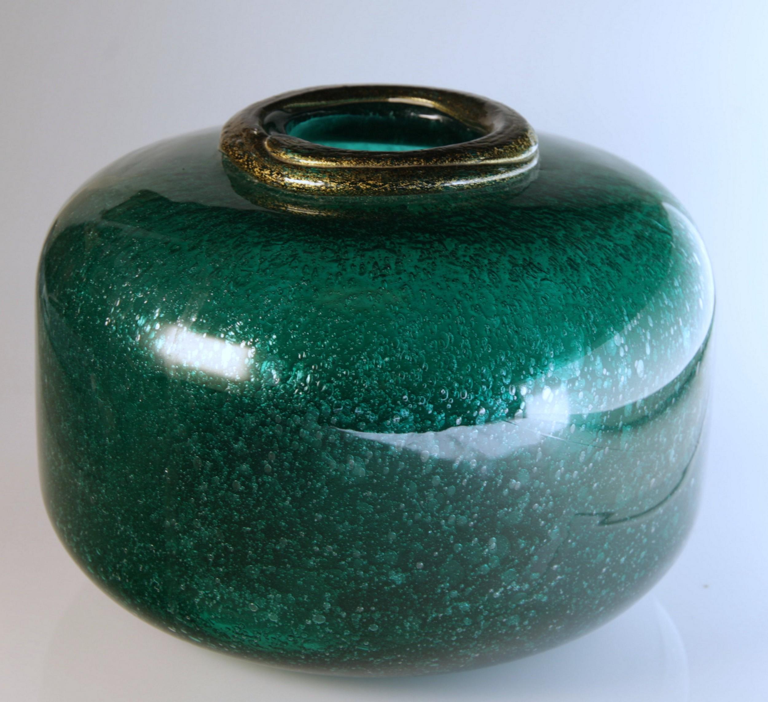 Seguso for Bisazza Emerald Murano Pulegoso Vase Gold Leaf Rim, 1993 Signed 4