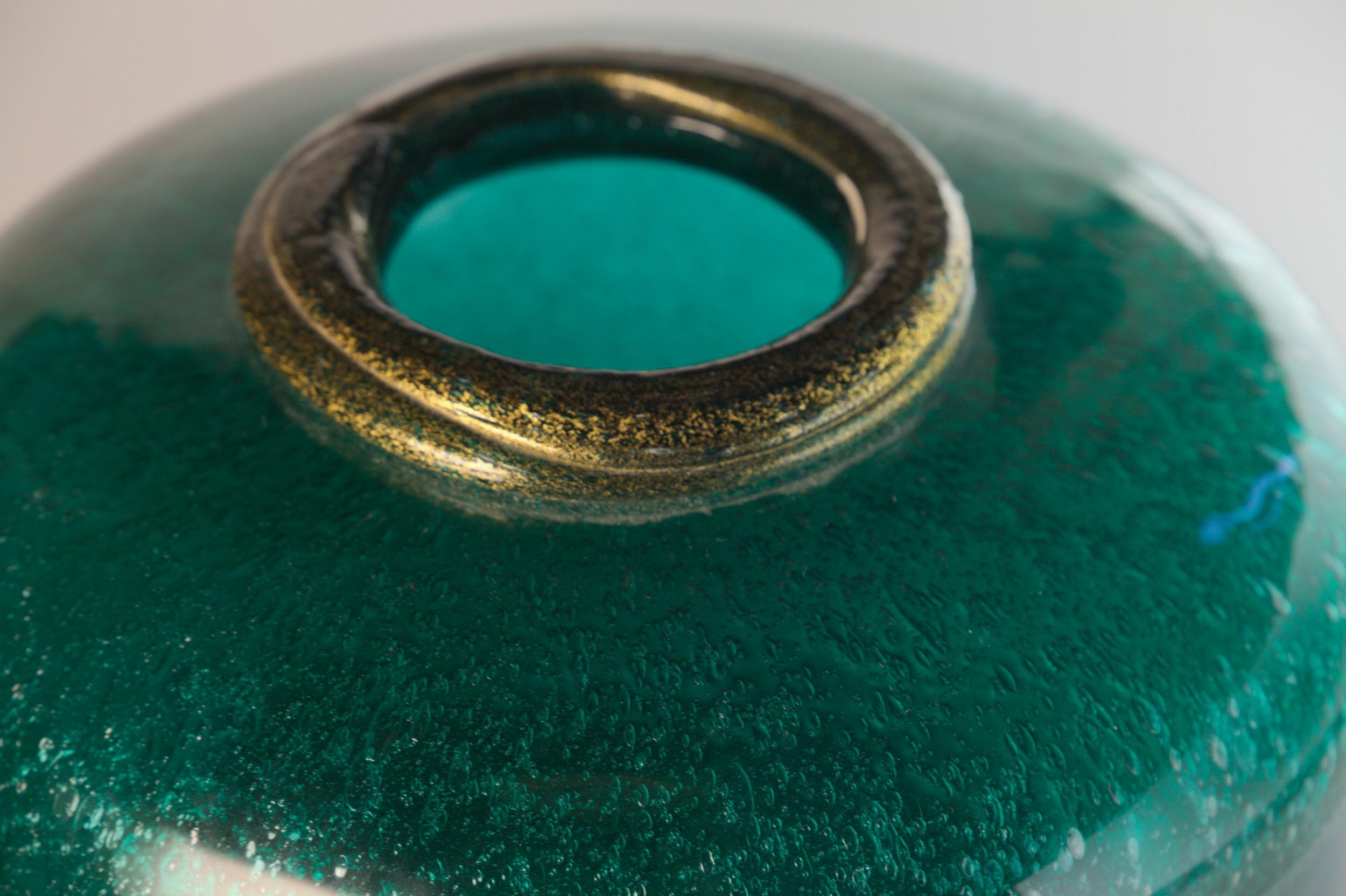 Seguso for Bisazza Emerald Murano Pulegoso Vase Gold Leaf Rim, 1993 Signed 5