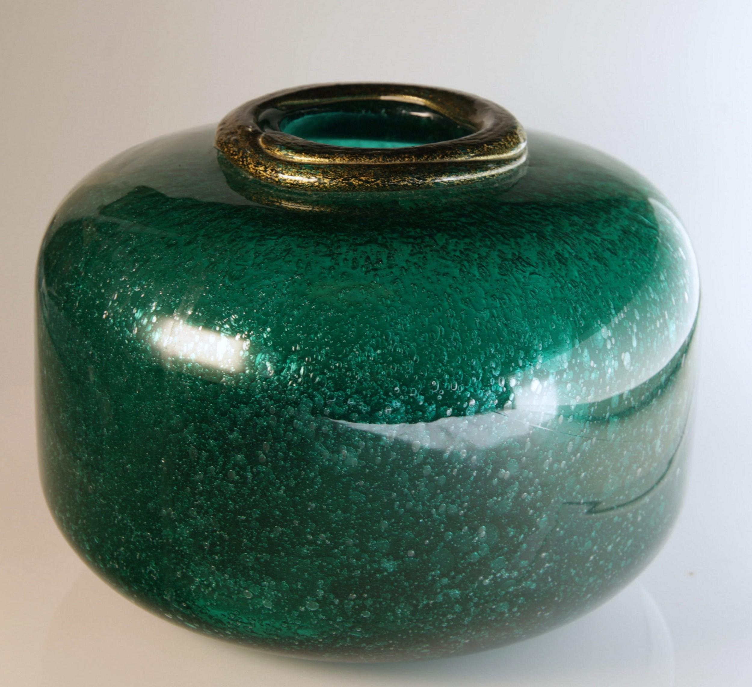 Seguso for Bisazza Emerald Murano Pulegoso Vase Gold Leaf Rim, 1993 Signed 6