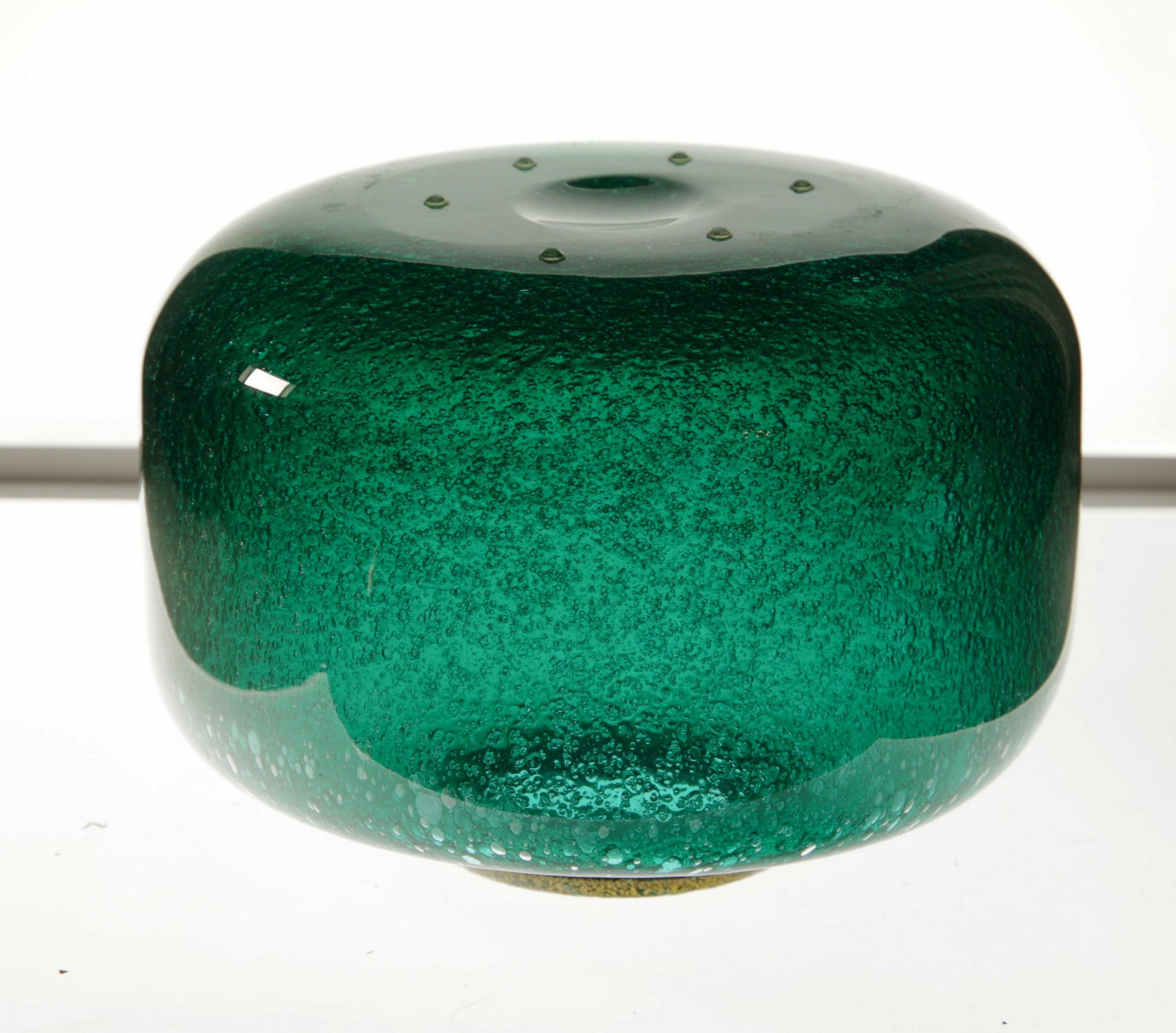 Seguso for Bisazza Emerald Murano Pulegoso Vase Gold Leaf Rim, 1993 Signed 7
