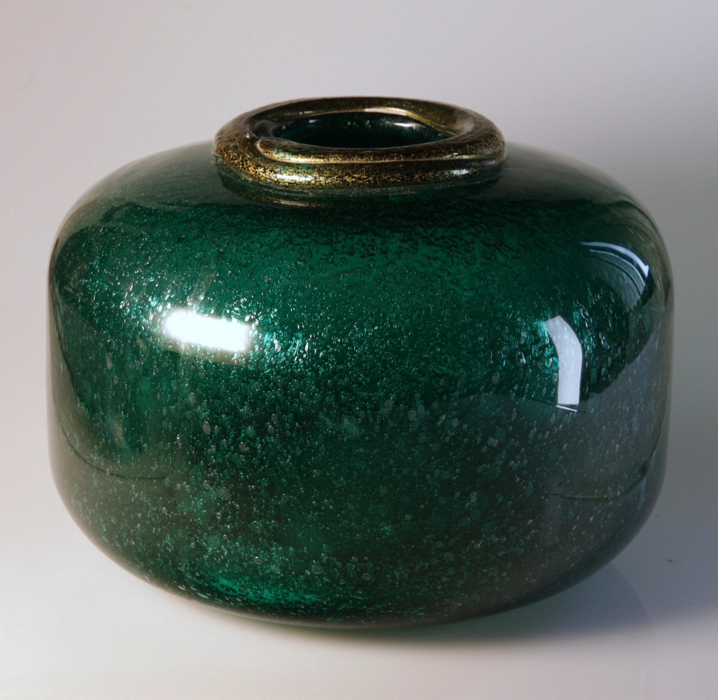 Seguso for Bisazza Emerald Murano Pulegoso Vase Gold Leaf Rim, 1993 Signed 8