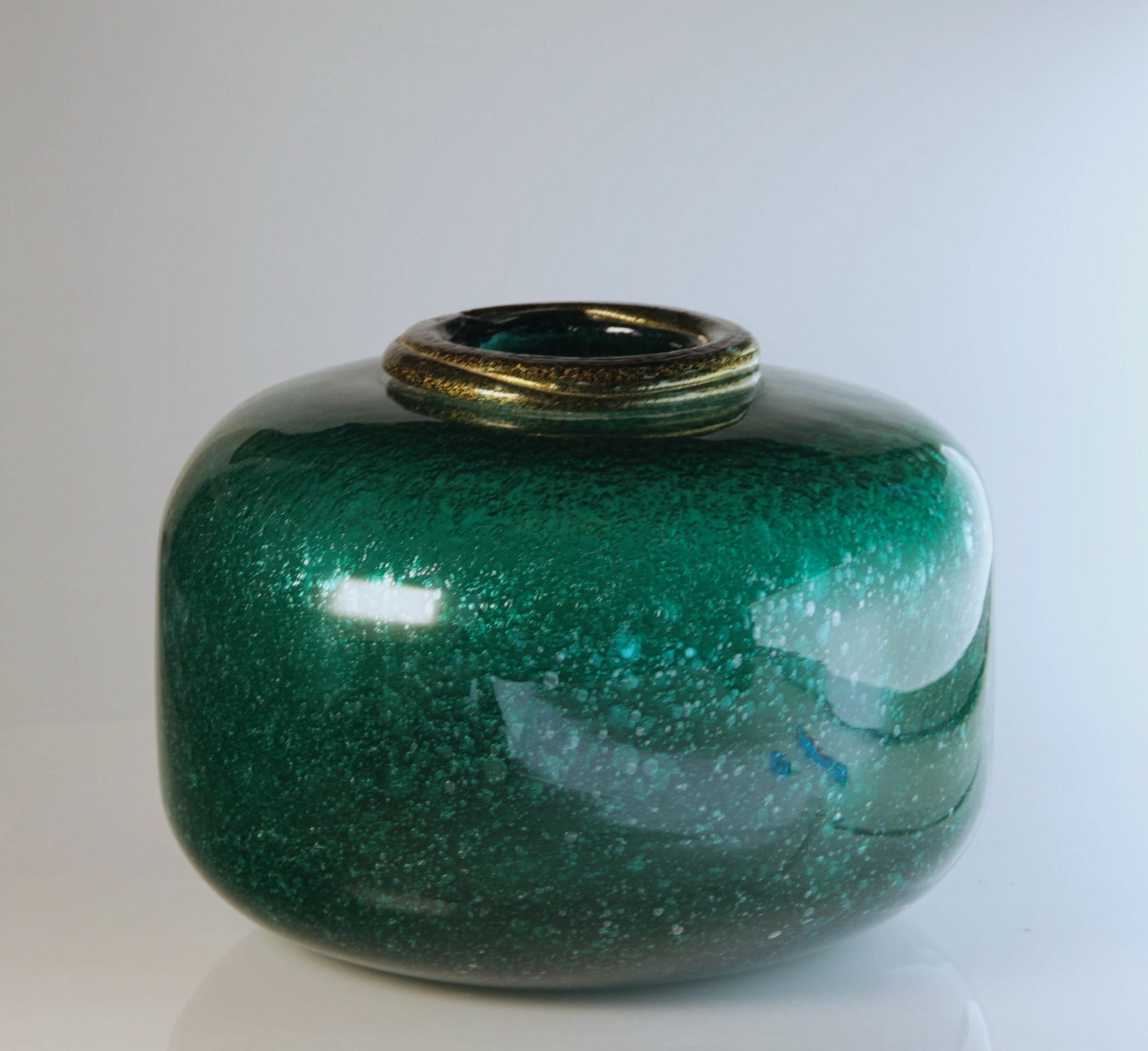 Seguso for Bisazza Emerald Murano Pulegoso Vase Gold Leaf Rim, 1993 Signed 9