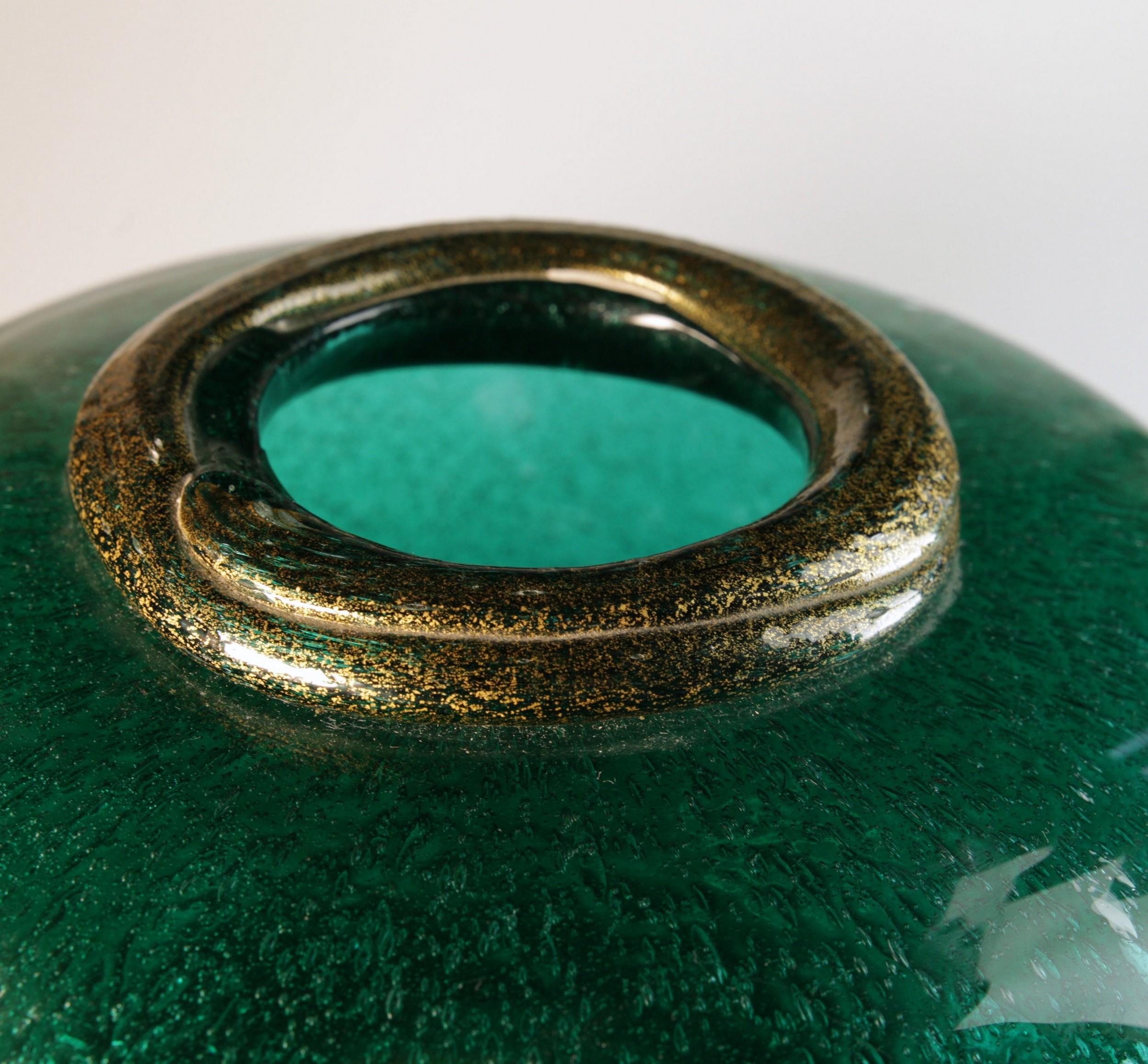 Seguso for Bisazza Emerald Murano Pulegoso Vase Gold Leaf Rim, 1993 Signed 10