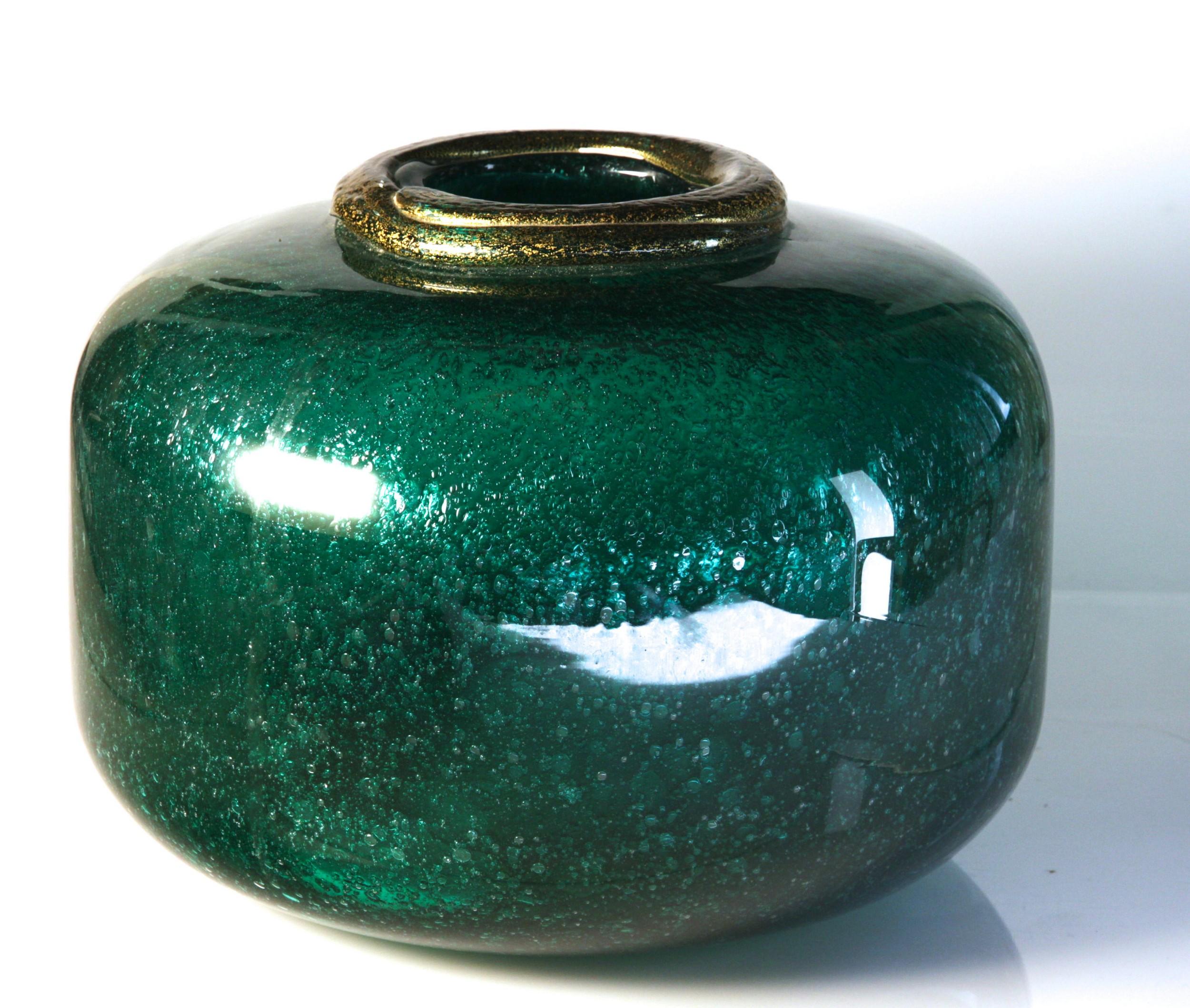 Seguso for Bisazza Emerald Murano Pulegoso Vase Gold Leaf Rim, 1993 Signed 11